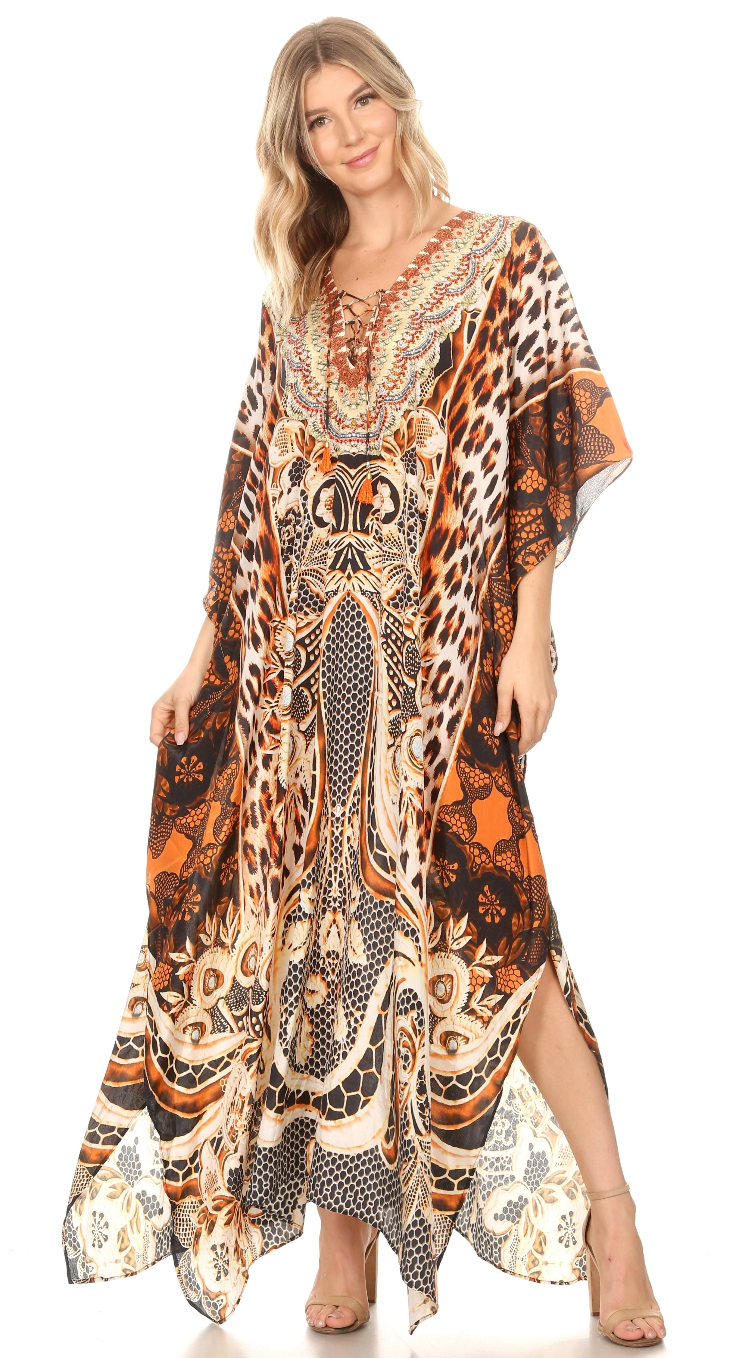 Sakkas Georgettina Flowy Rhinestone V Neck Long Caftan Dress/Cover Up - Image 164