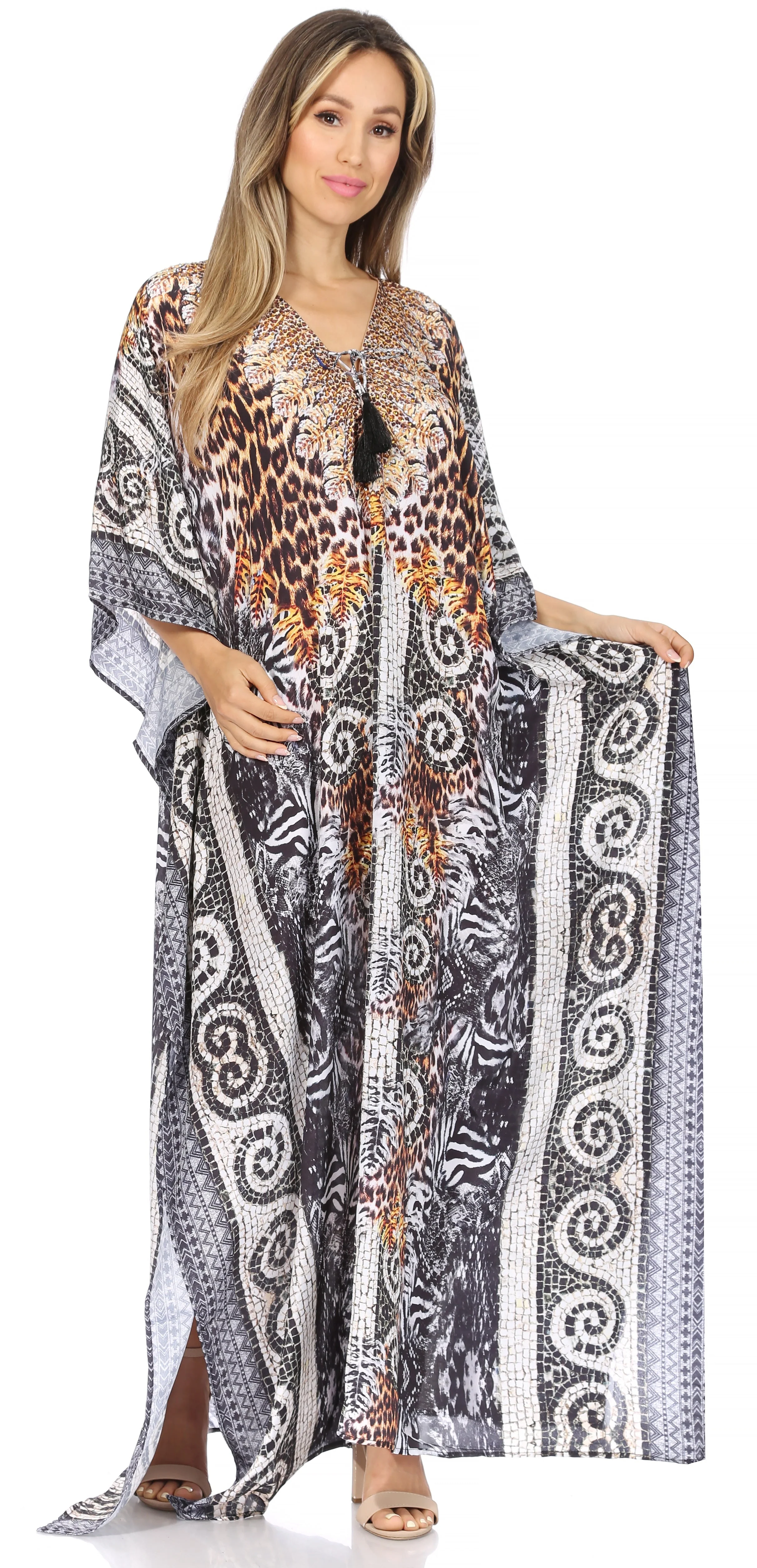 Sakkas Georgettina Flowy Rhinestone V Neck Long Caftan Dress/Cover Up - Image 167