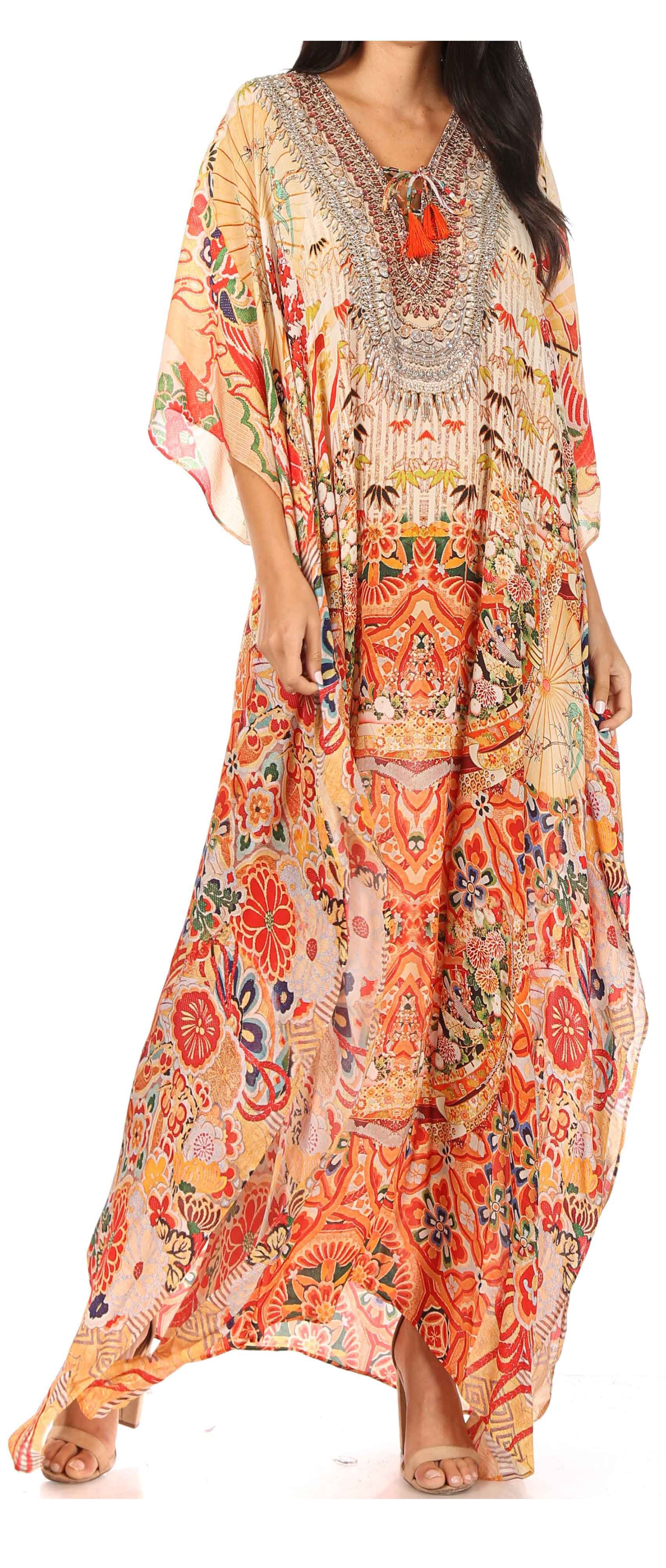 Sakkas Georgettina Flowy Rhinestone V Neck Long Caftan Dress/Cover Up - Image 174
