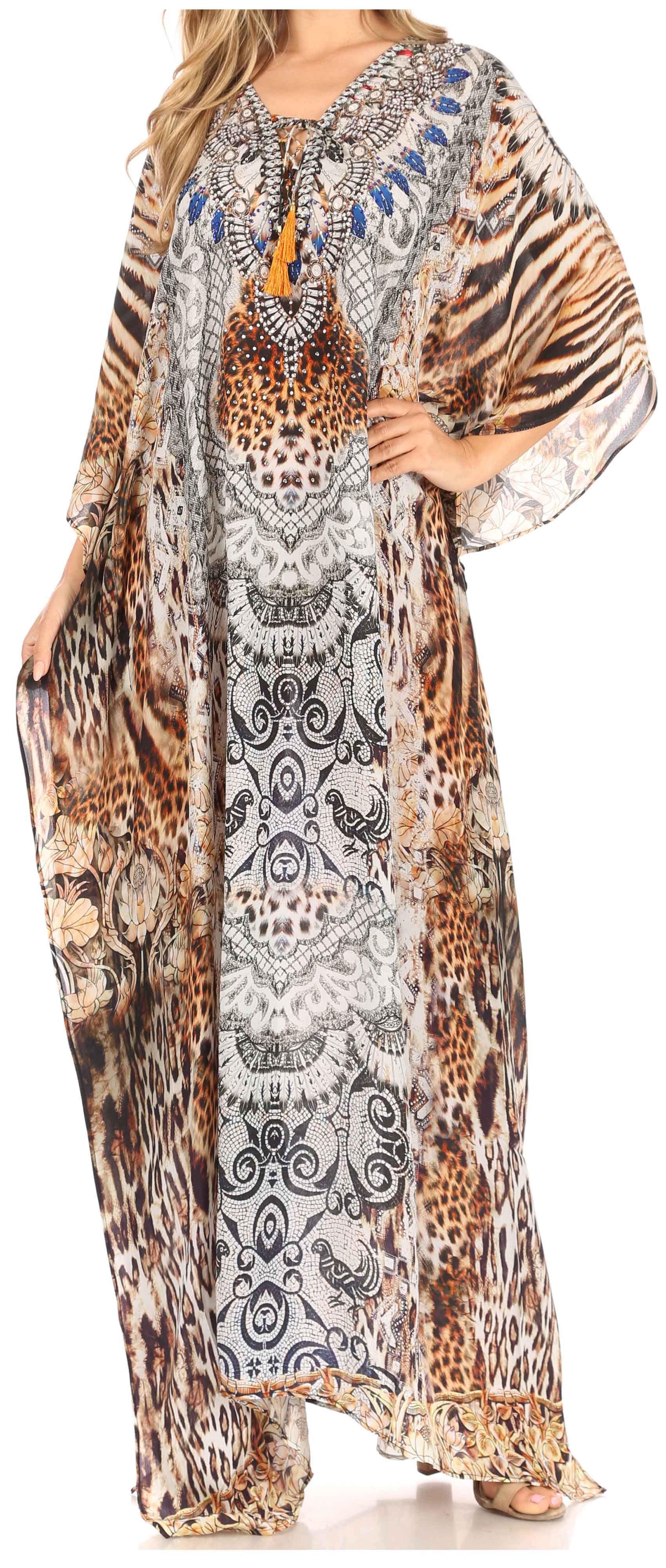 Sakkas Georgettina Flowy Rhinestone V Neck Long Caftan Dress/Cover Up - Image 176