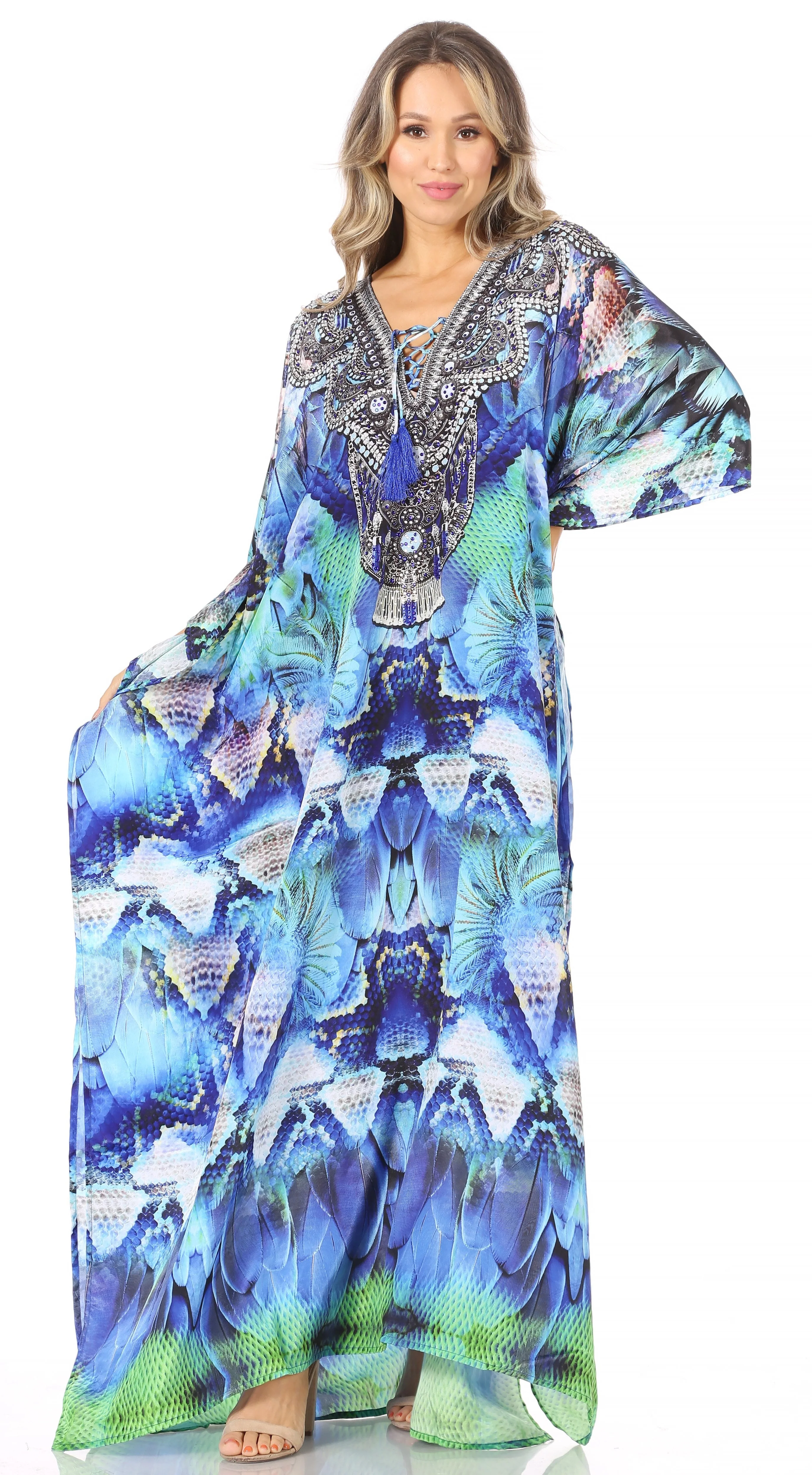 Sakkas Georgettina Flowy Rhinestone V Neck Long Caftan Dress/Cover Up - Image 184