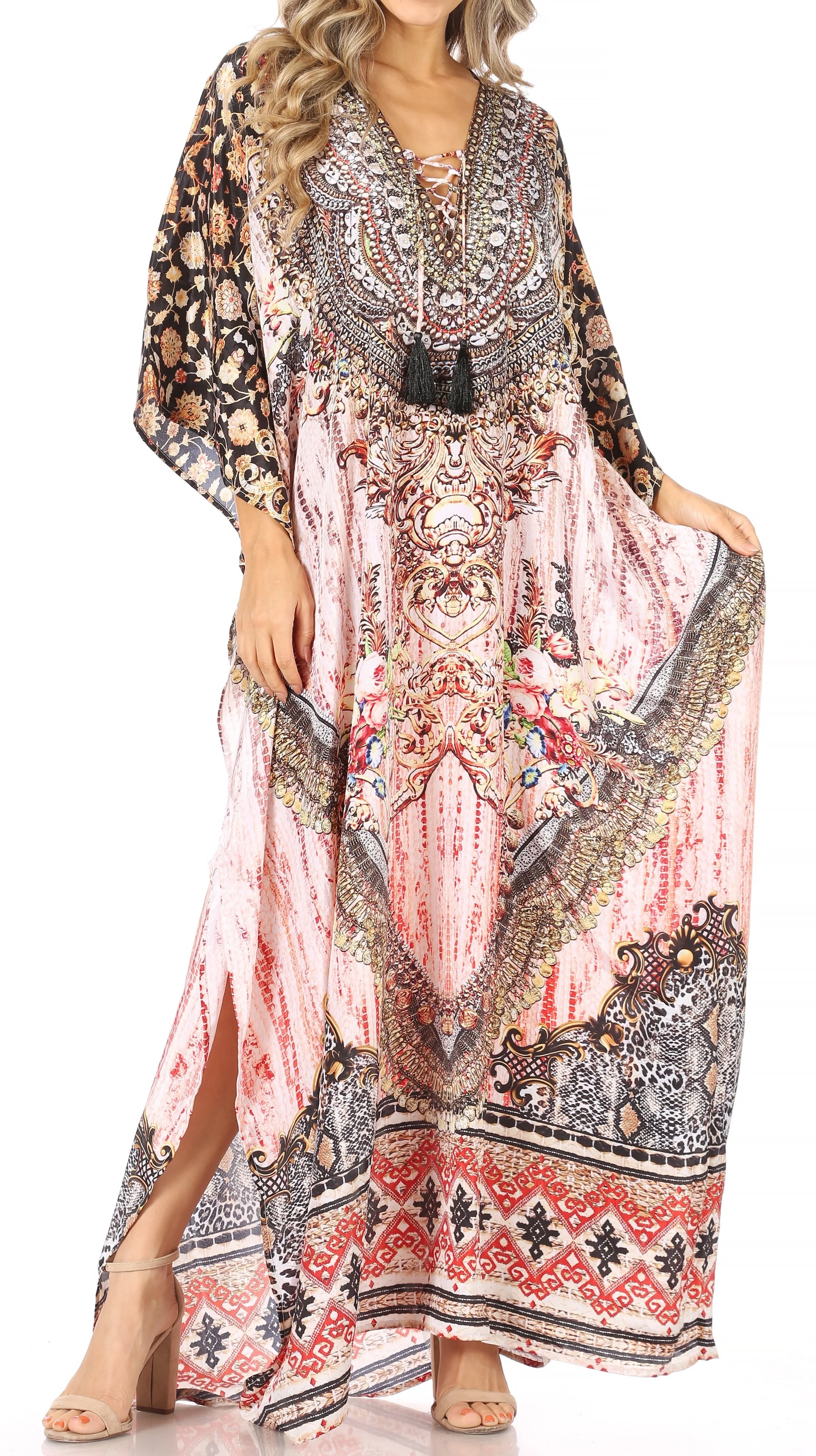 Sakkas Georgettina Flowy Rhinestone V Neck Long Caftan Dress/Cover Up - Image 185