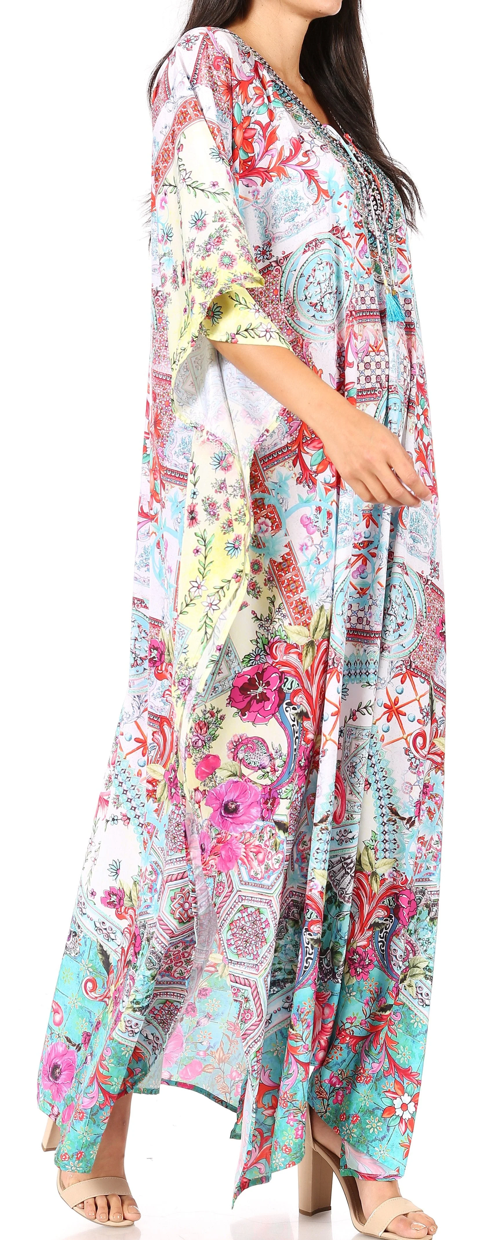 Sakkas Georgettina Flowy Rhinestone V Neck Long Caftan Dress/Cover Up - Image 189