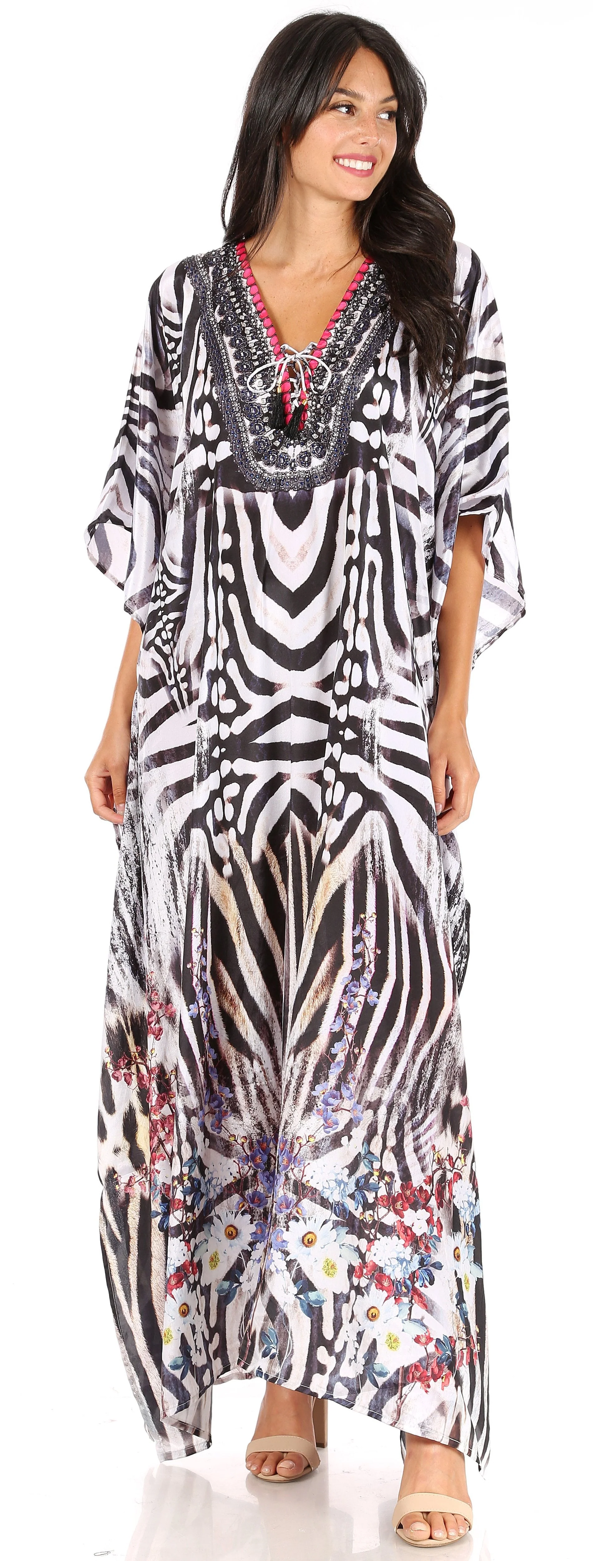 Sakkas Georgettina Flowy Rhinestone V Neck Long Caftan Dress/Cover Up - Image 196