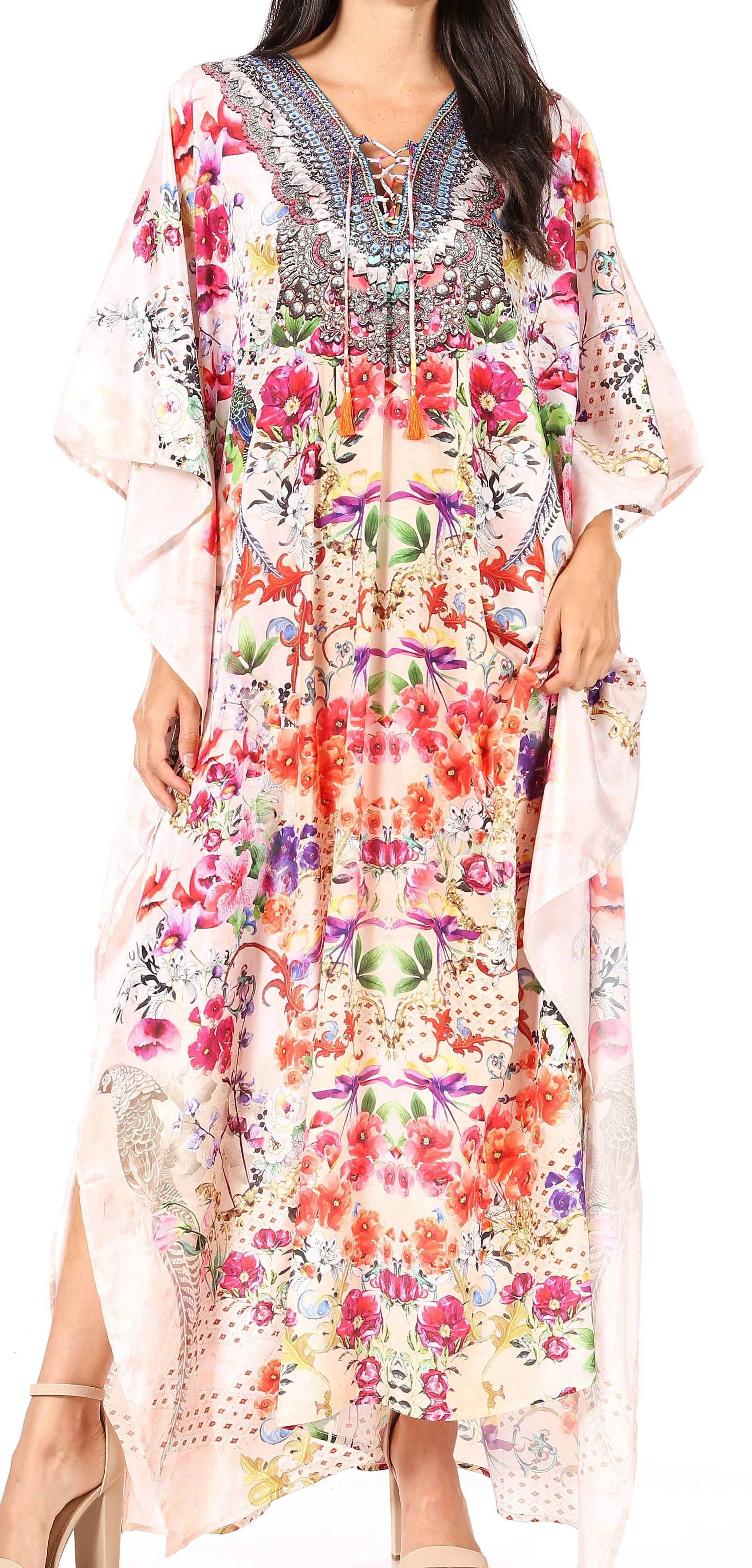 Sakkas Georgettina Flowy Rhinestone V Neck Long Caftan Dress/Cover Up - Image 207