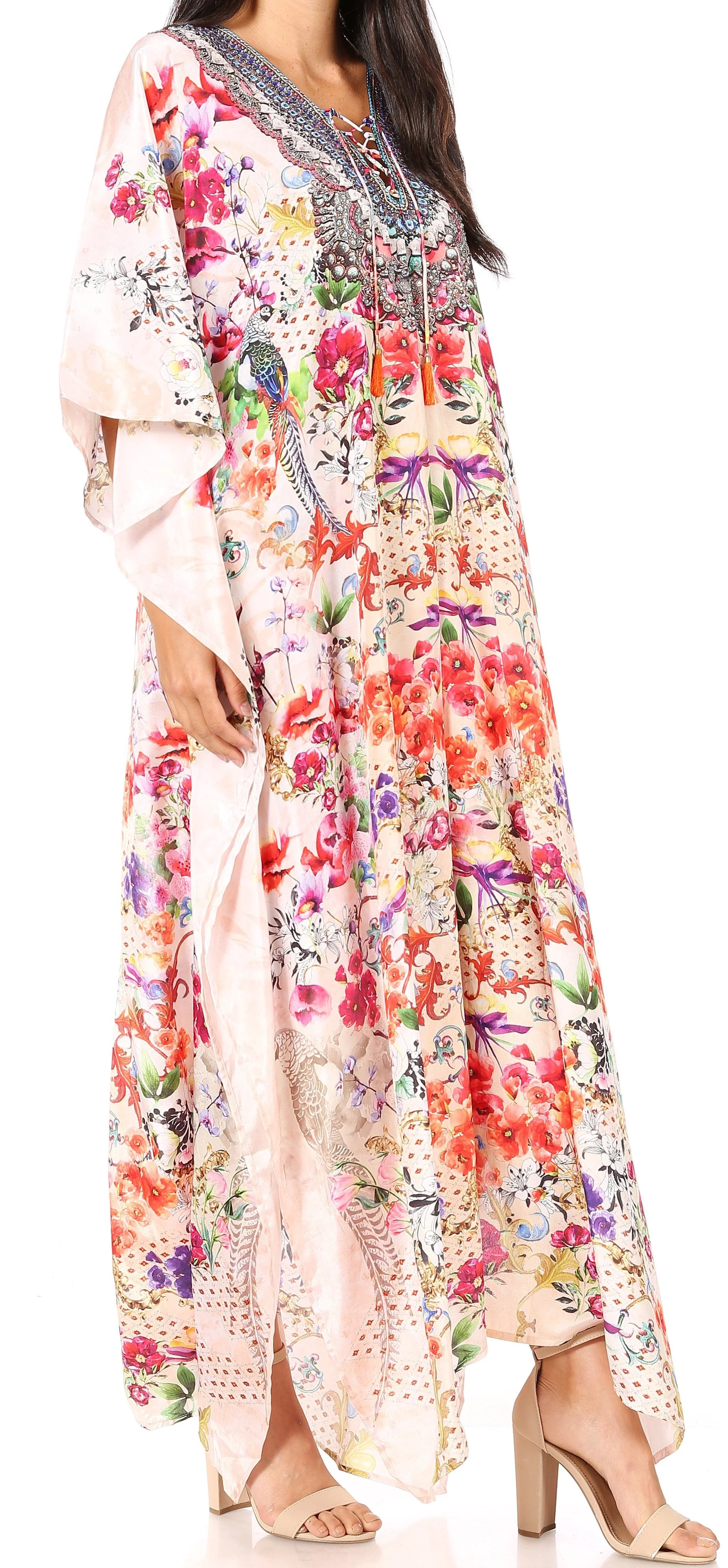 Sakkas Georgettina Flowy Rhinestone V Neck Long Caftan Dress/Cover Up - Image 209