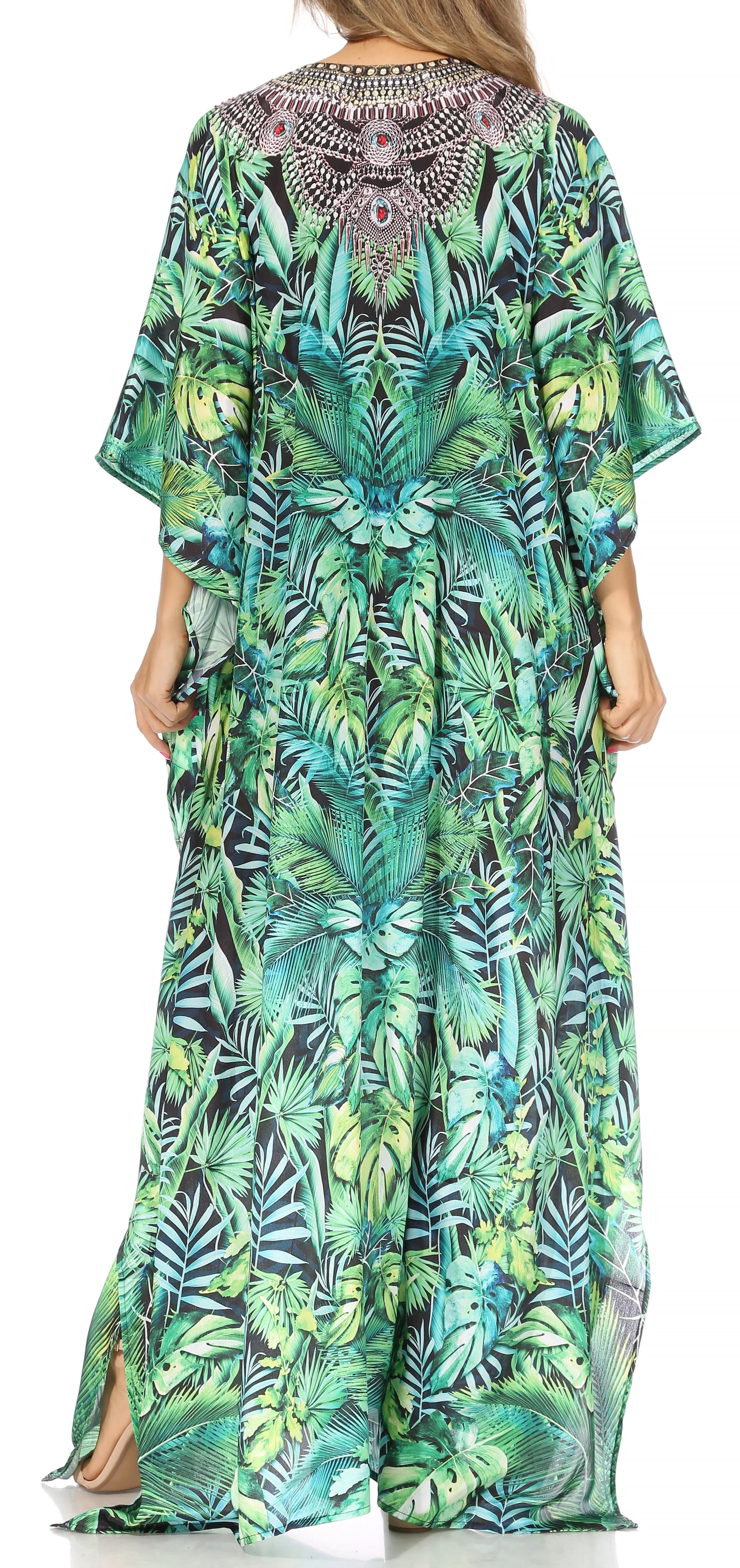 Sakkas Georgettina Flowy Rhinestone V Neck Long Caftan Dress/Cover Up - Image 213