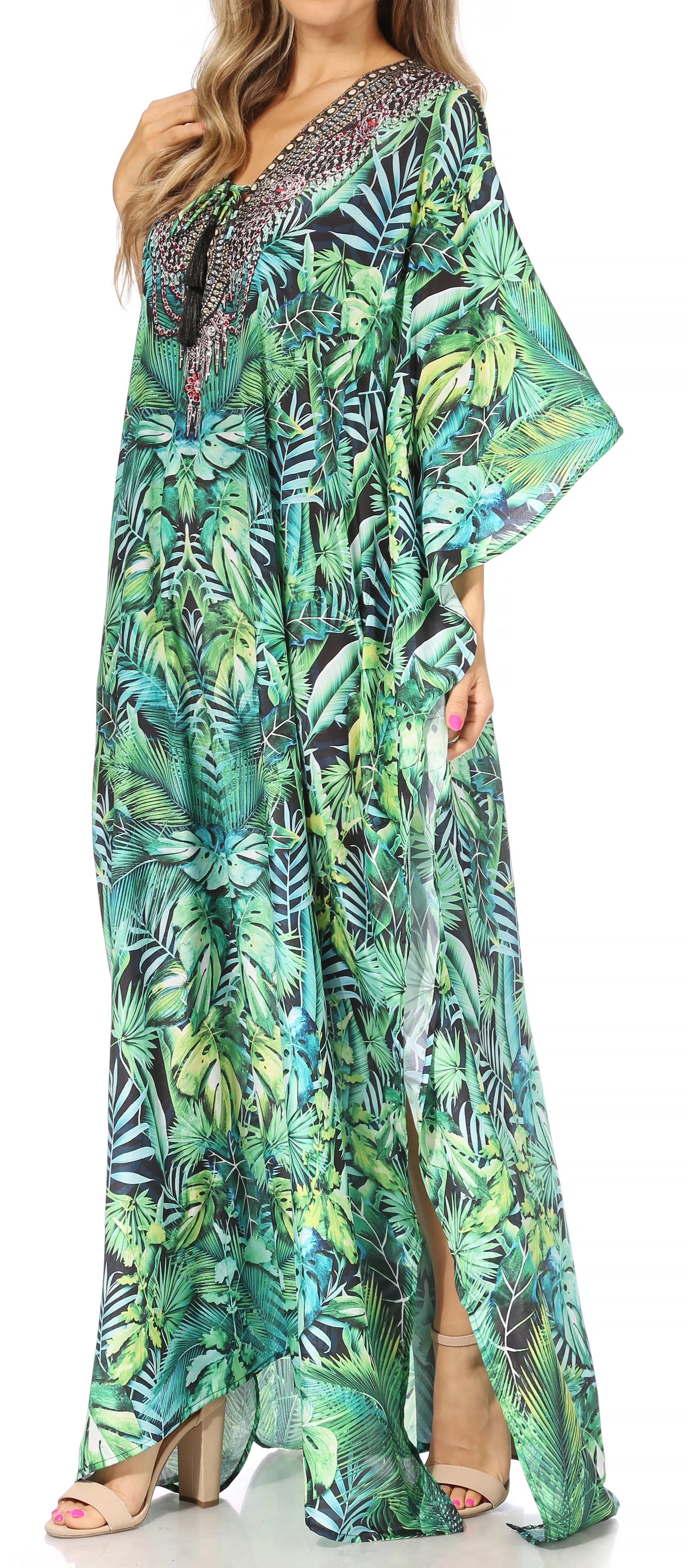 Sakkas Georgettina Flowy Rhinestone V Neck Long Caftan Dress/Cover Up - Image 214