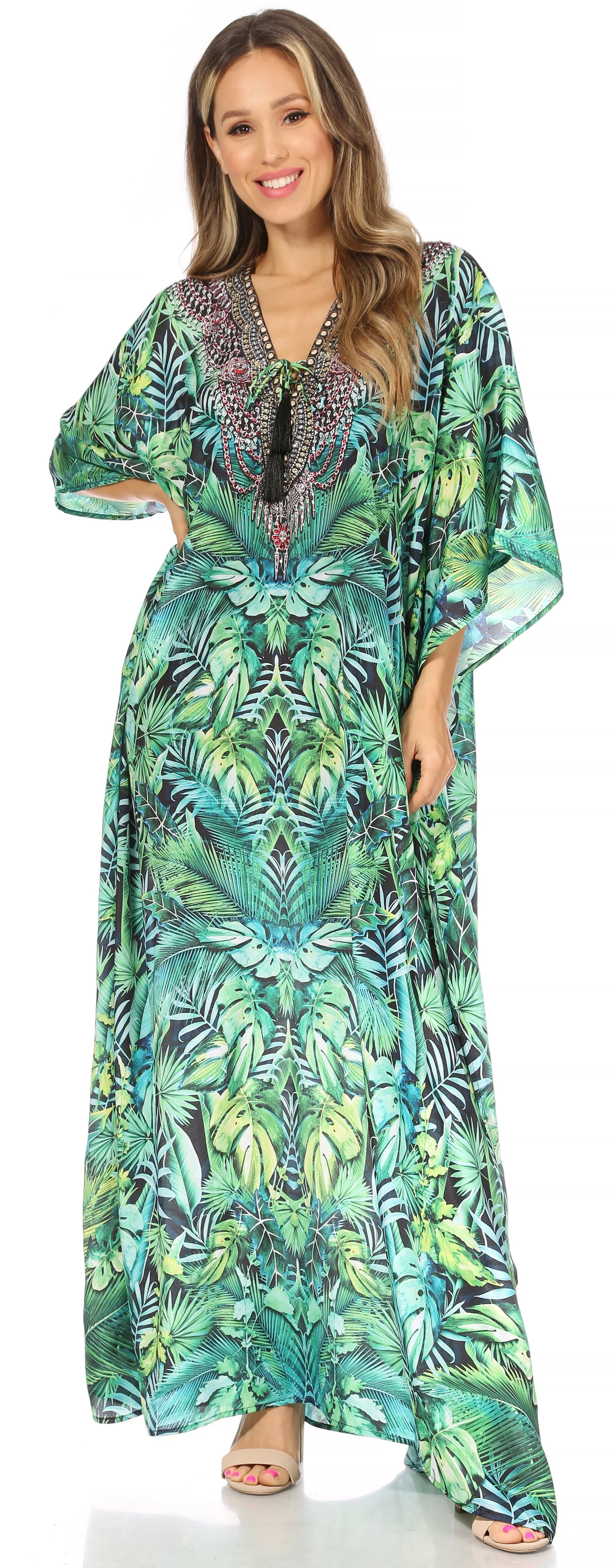 Sakkas Georgettina Flowy Rhinestone V Neck Long Caftan Dress/Cover Up - Image 216