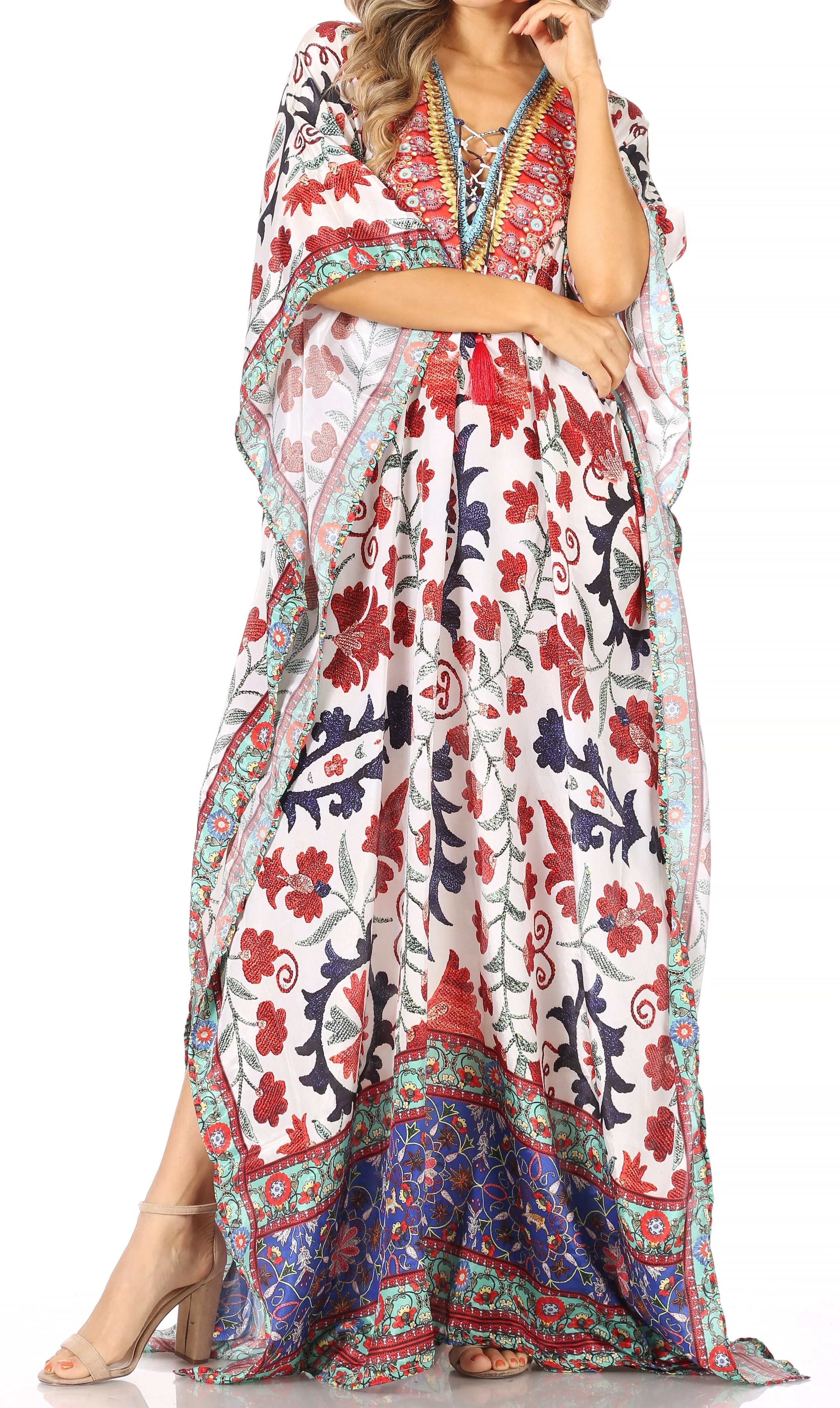 Sakkas Georgettina Flowy Rhinestone V Neck Long Caftan Dress/Cover Up - Image 217