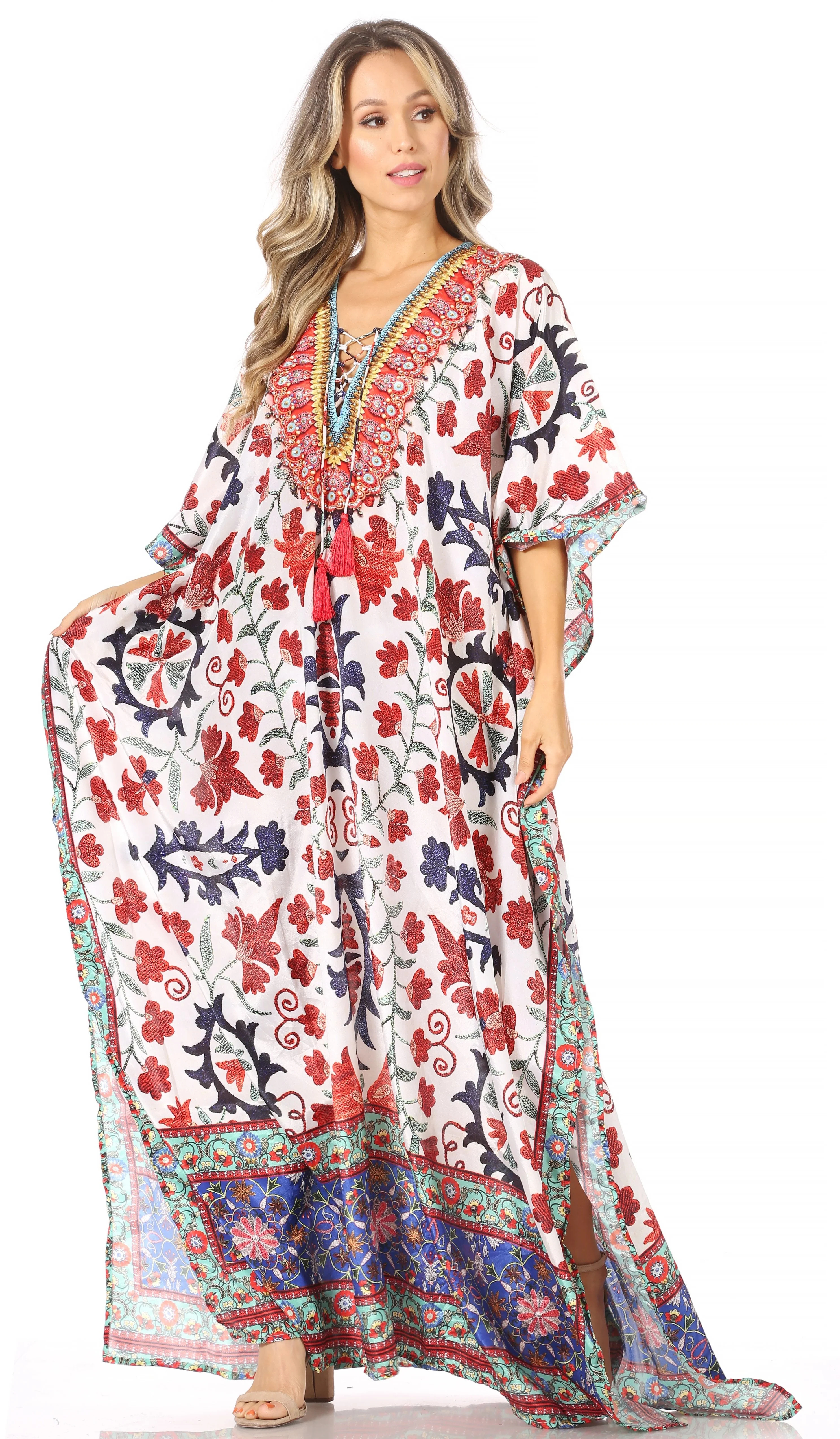 Sakkas Georgettina Flowy Rhinestone V Neck Long Caftan Dress/Cover Up - Image 219