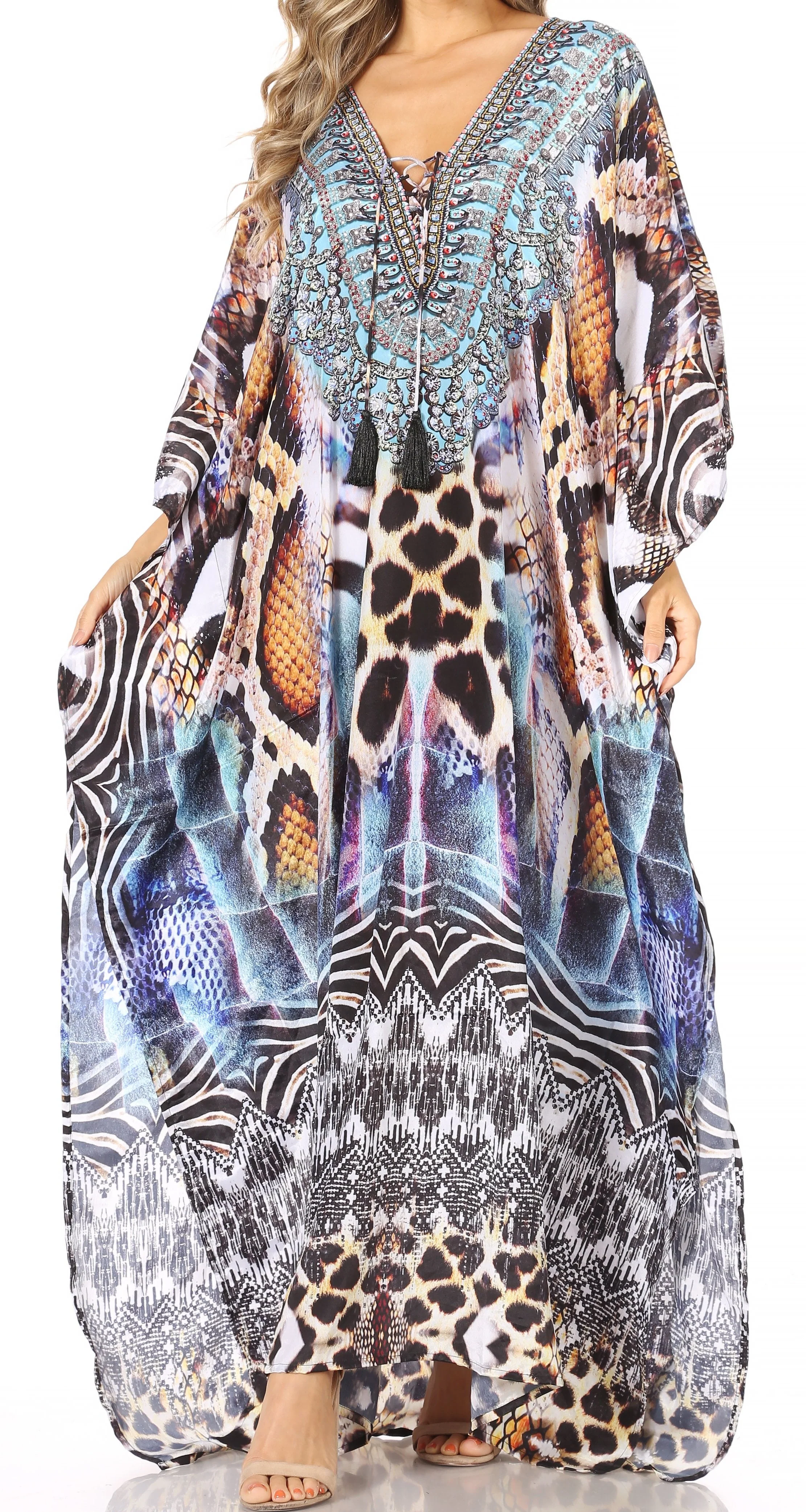 Sakkas Georgettina Flowy Rhinestone V Neck Long Caftan Dress/Cover Up - Image 220
