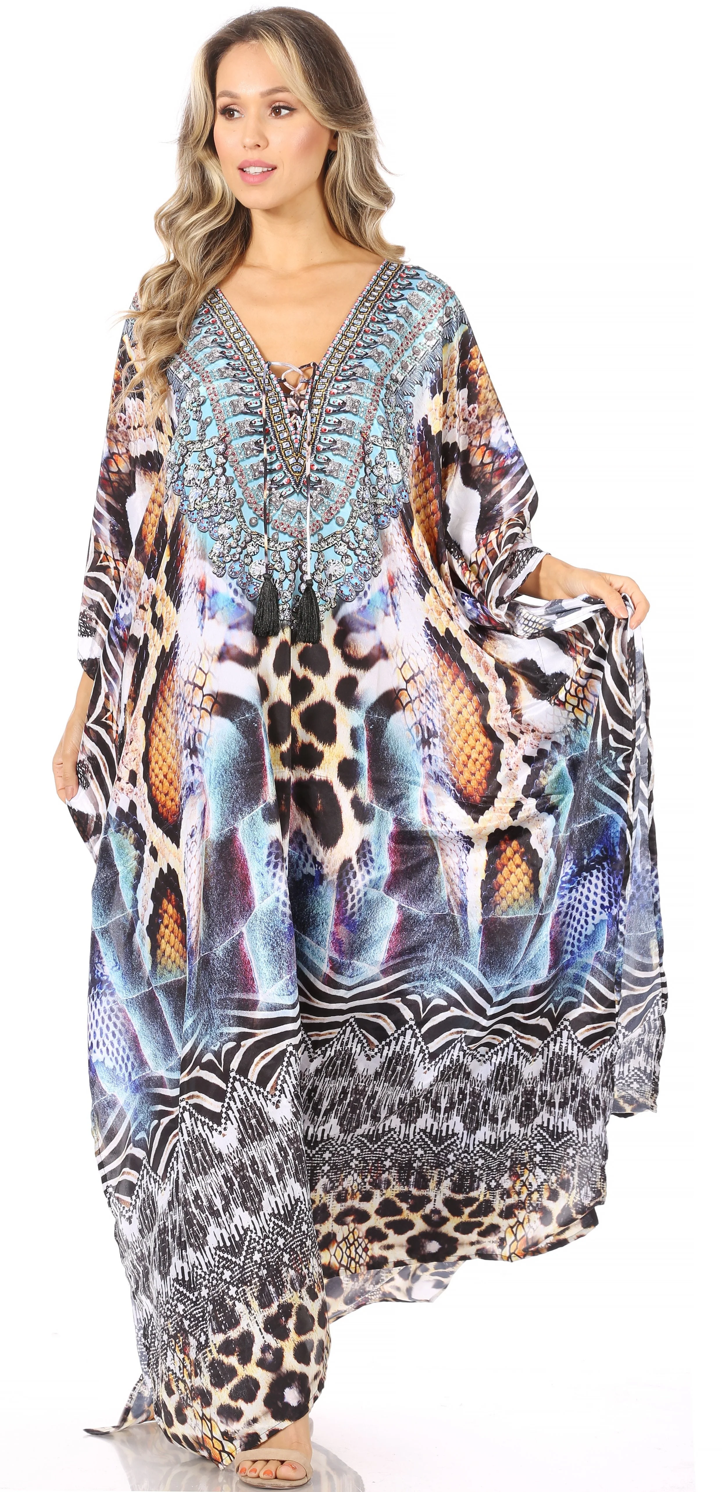 Sakkas Georgettina Flowy Rhinestone V Neck Long Caftan Dress/Cover Up - Image 222