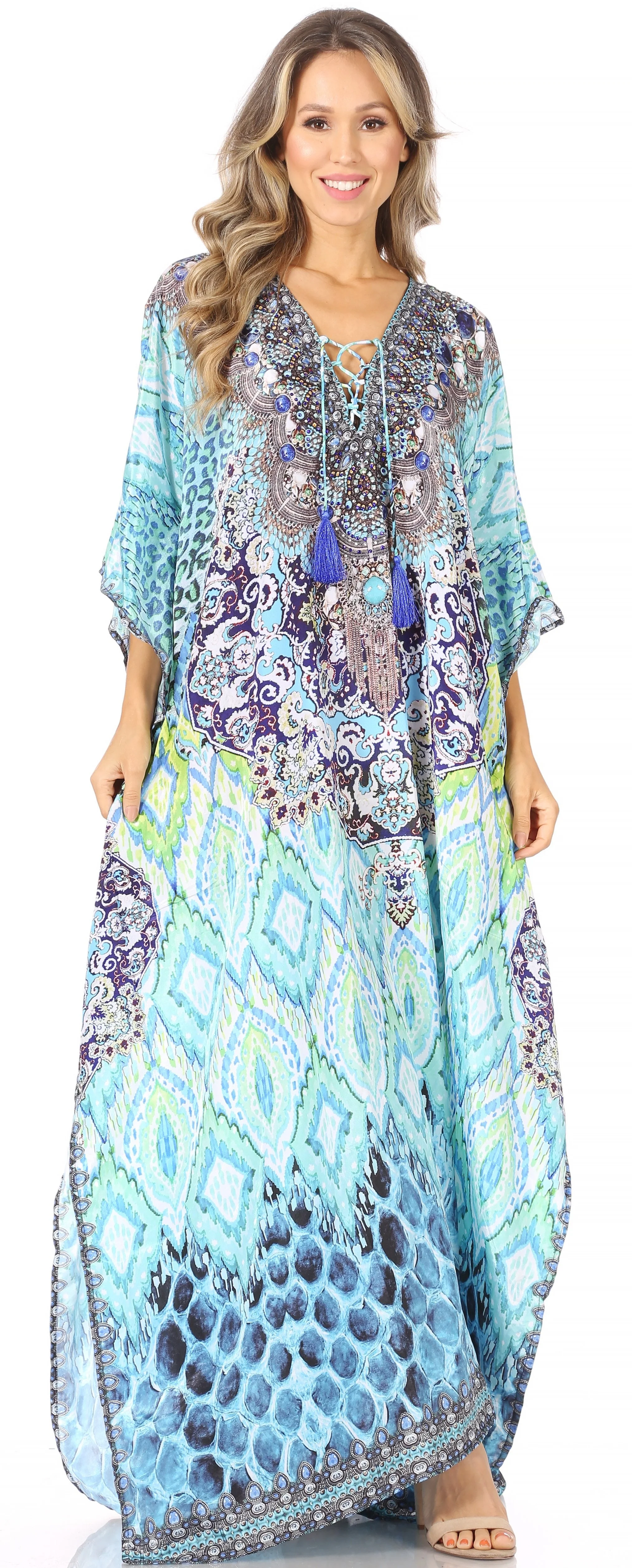 Sakkas Georgettina Flowy Rhinestone V Neck Long Caftan Dress/Cover Up - Image 228