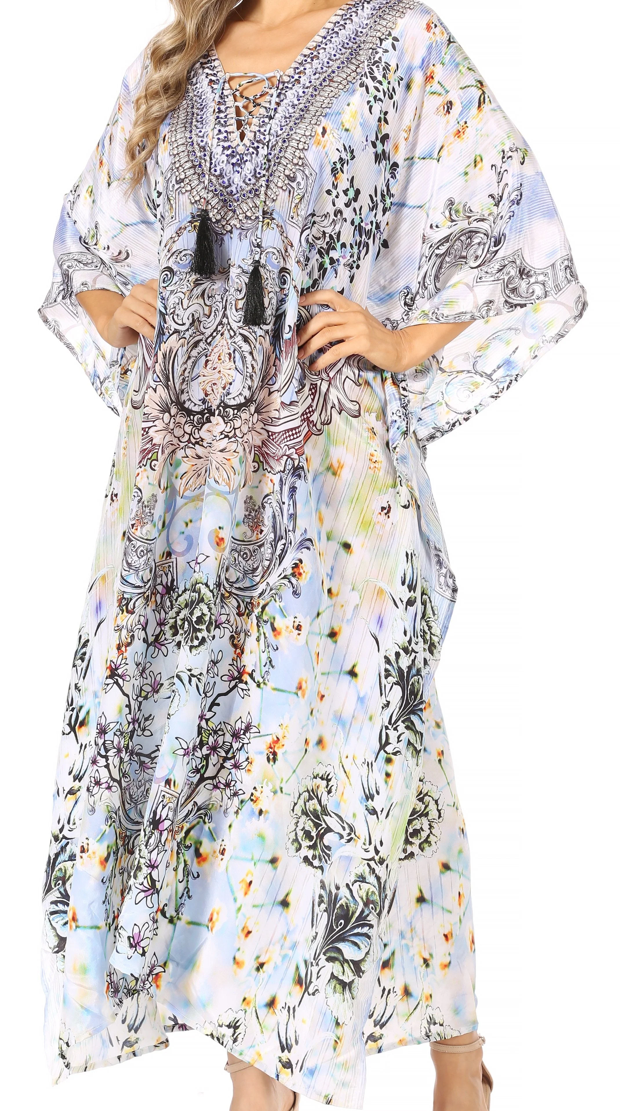 Sakkas Georgettina Flowy Rhinestone V Neck Long Caftan Dress/Cover Up - Image 229