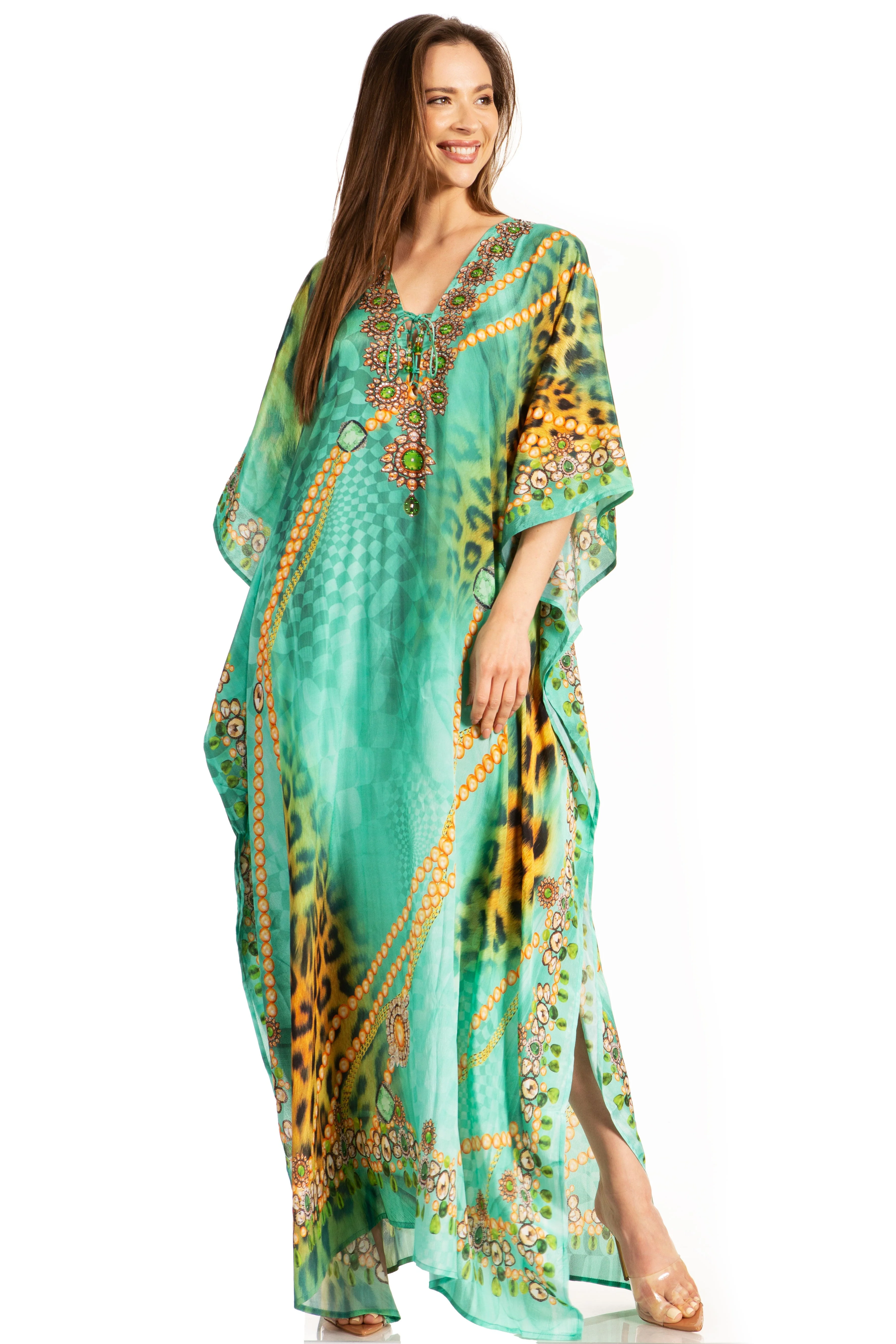 Sakkas Georgettina Flowy Rhinestone V Neck Long Caftan Dress/Cover Up - Image 23