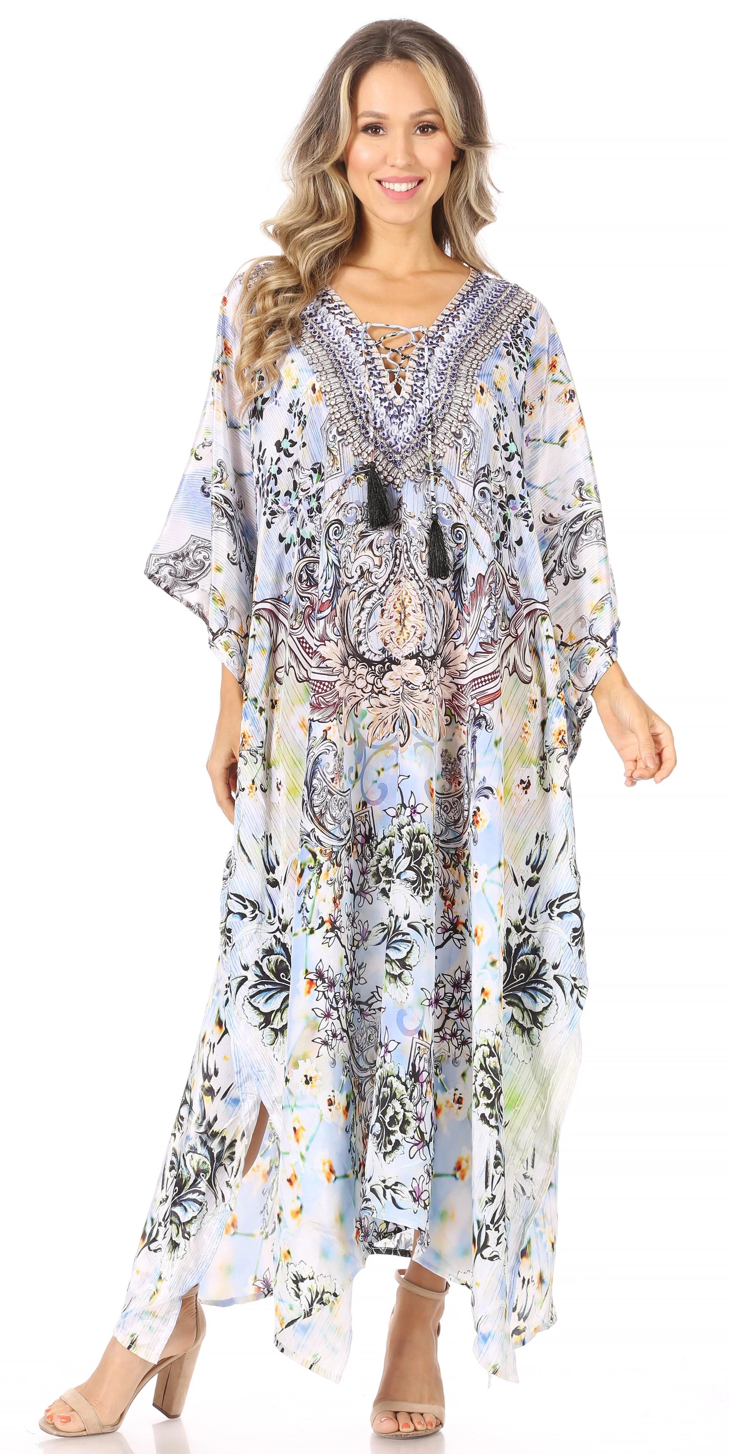 Sakkas Georgettina Flowy Rhinestone V Neck Long Caftan Dress/Cover Up - Image 231