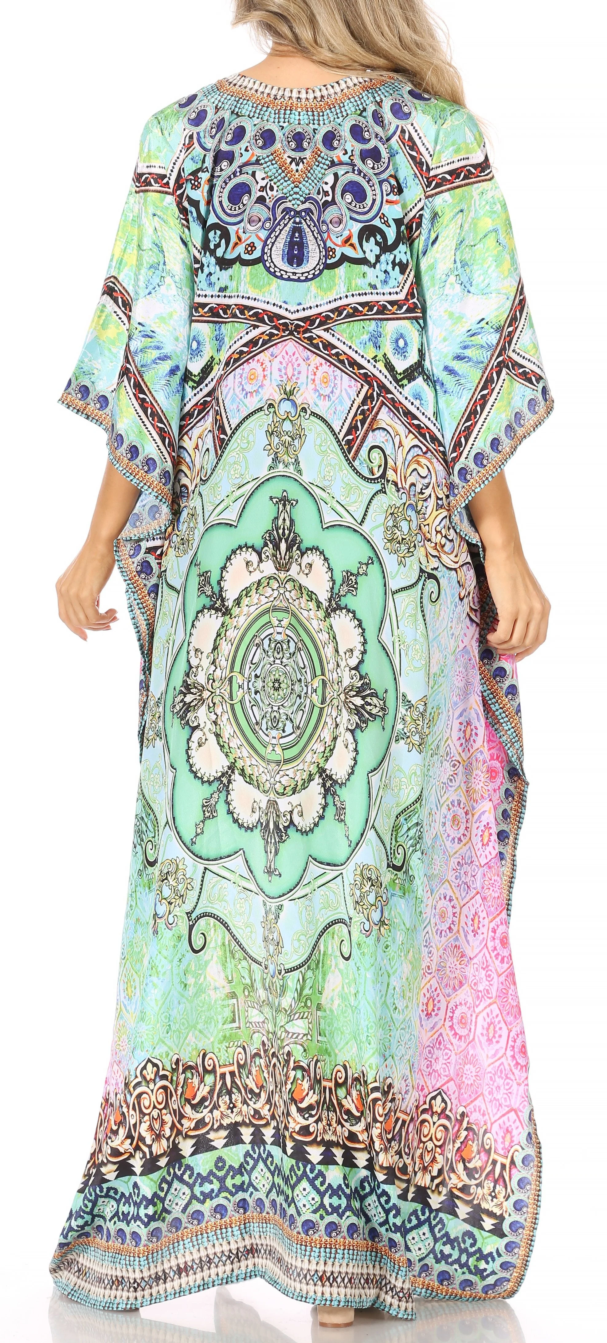 Sakkas Georgettina Flowy Rhinestone V Neck Long Caftan Dress/Cover Up - Image 233