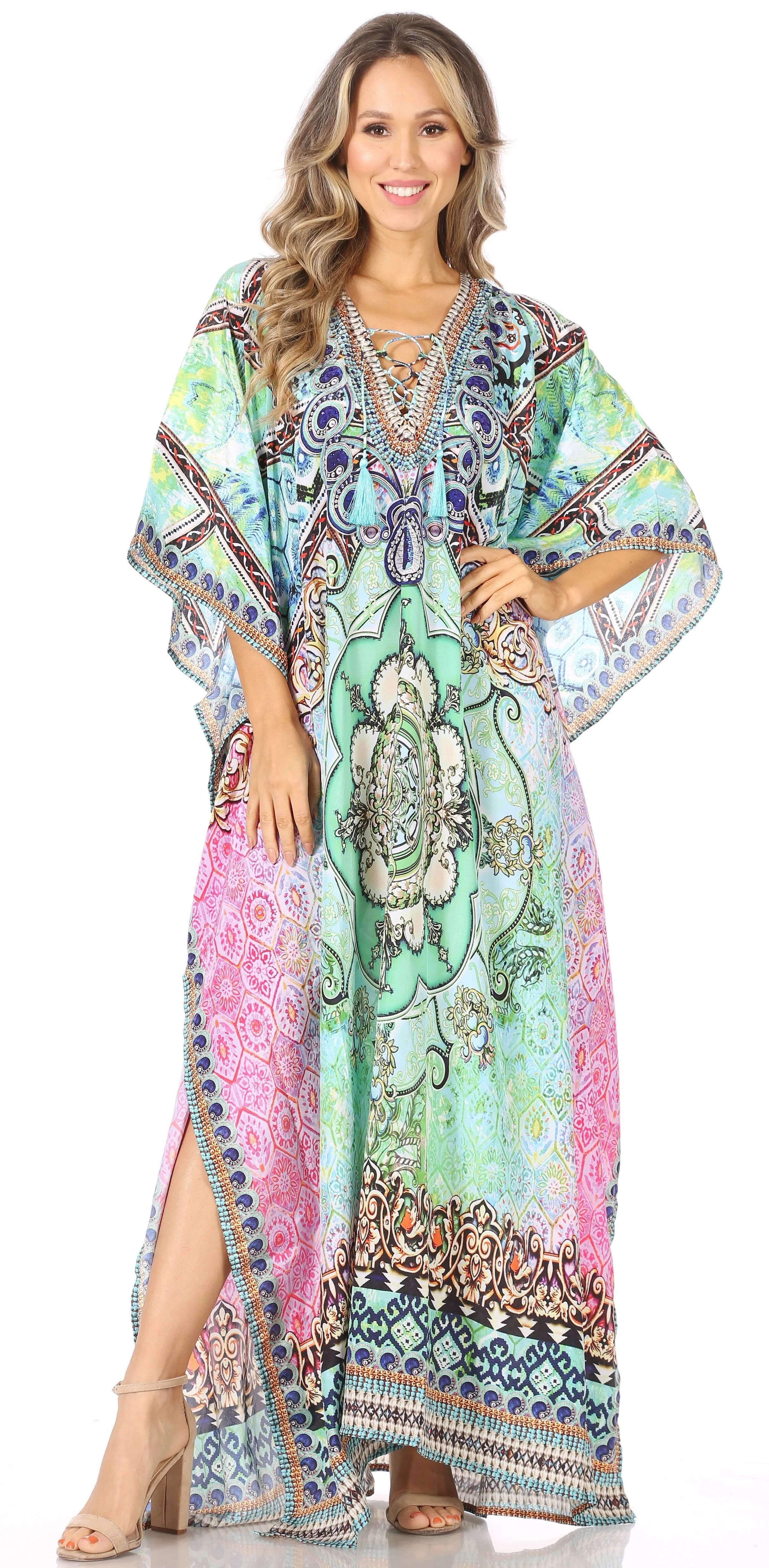 Sakkas Georgettina Flowy Rhinestone V Neck Long Caftan Dress/Cover Up - Image 234