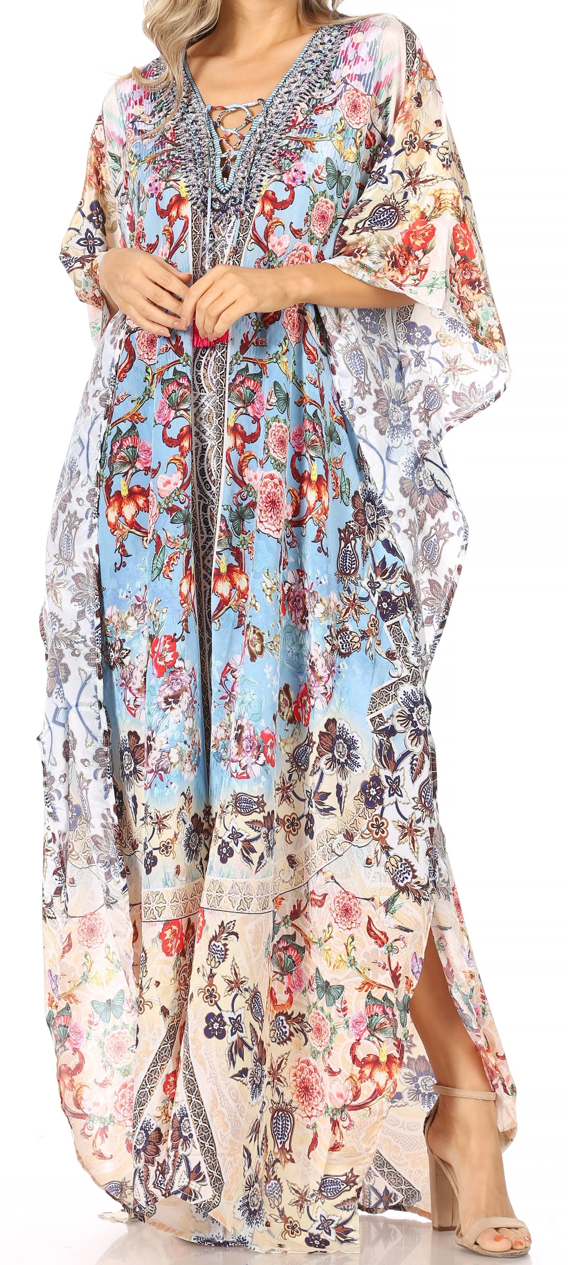 Sakkas Georgettina Flowy Rhinestone V Neck Long Caftan Dress/Cover Up - Image 235