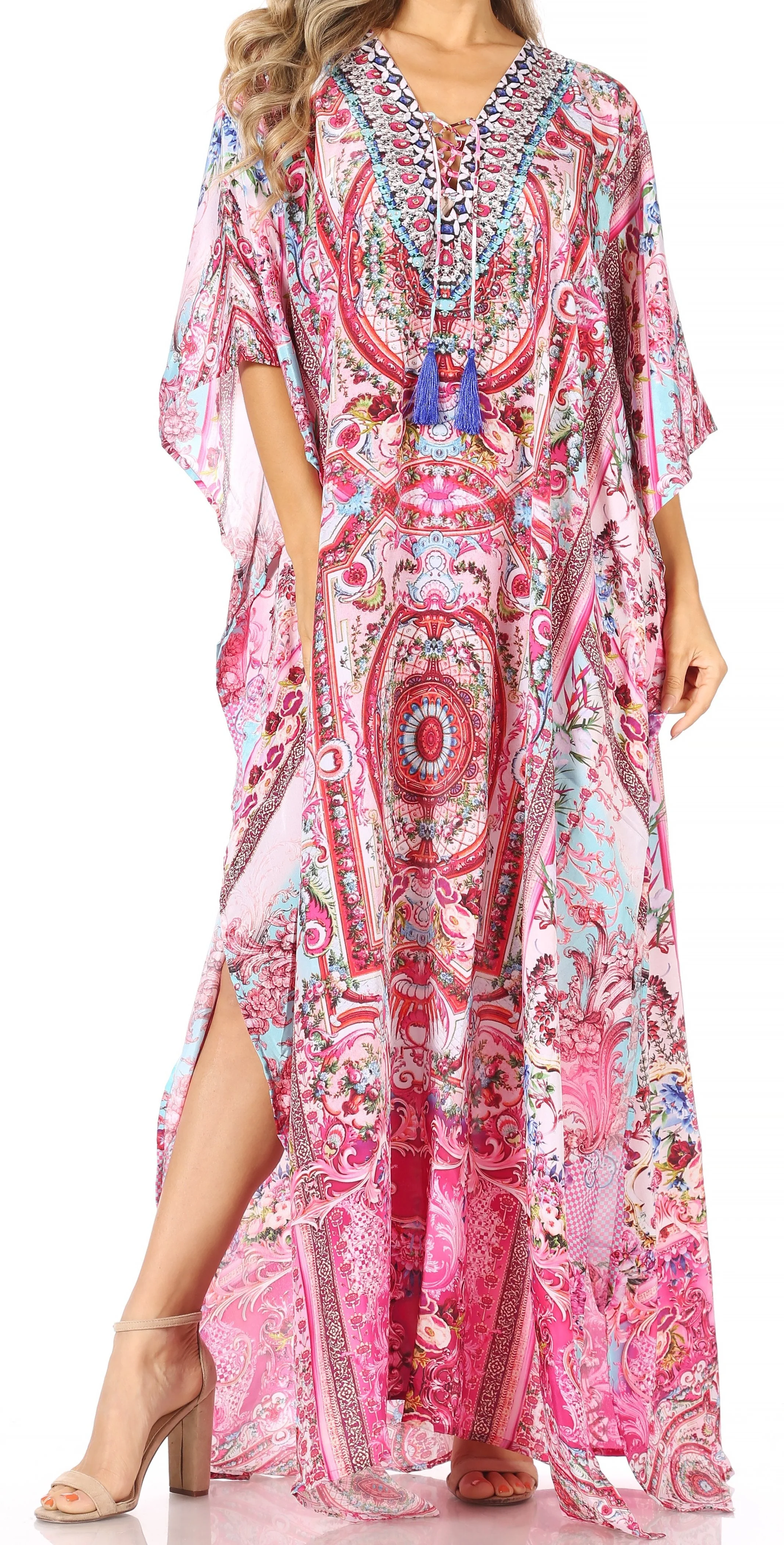 Sakkas Georgettina Flowy Rhinestone V Neck Long Caftan Dress/Cover Up - Image 238