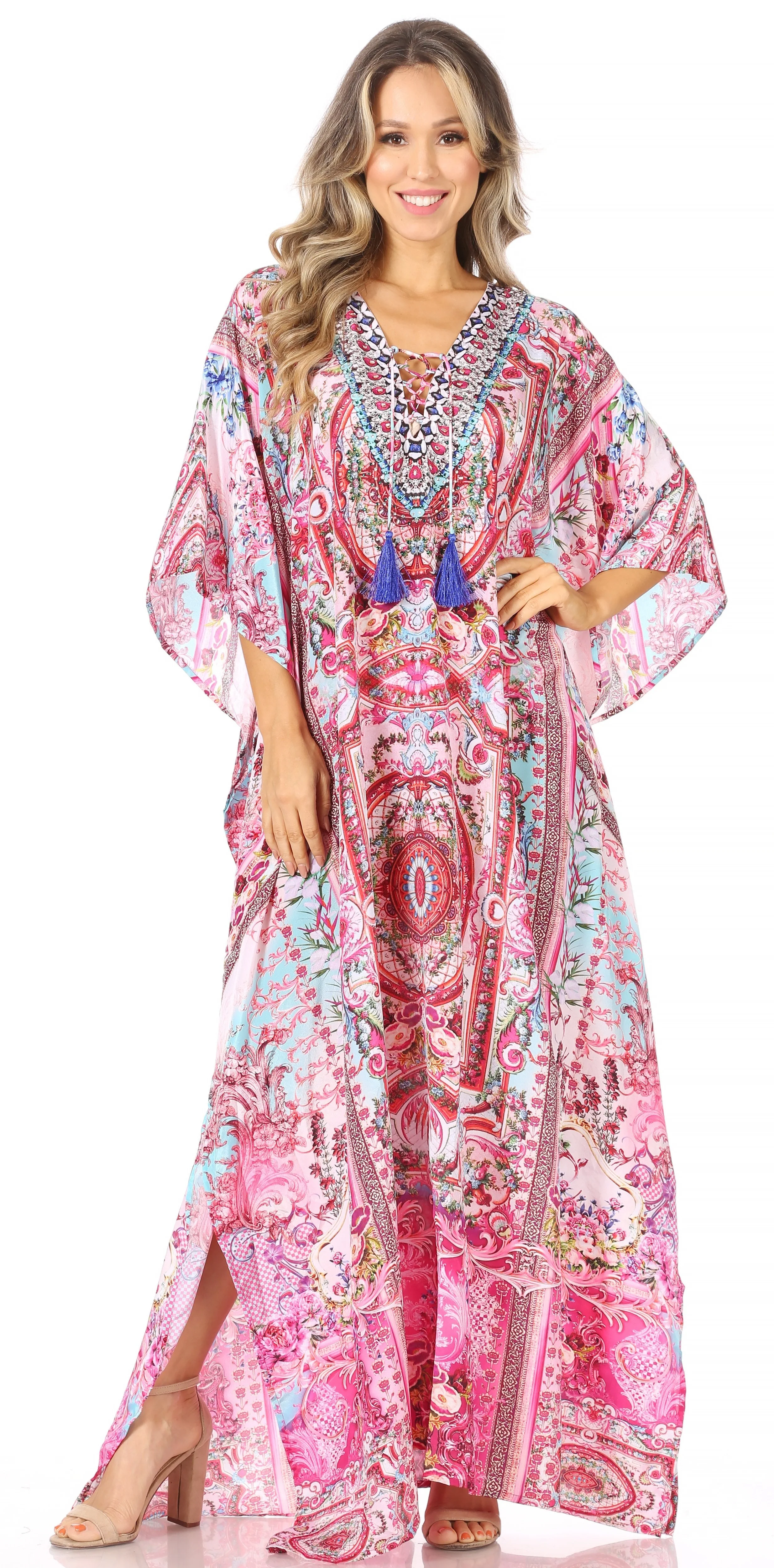 Sakkas Georgettina Flowy Rhinestone V Neck Long Caftan Dress/Cover Up - Image 240