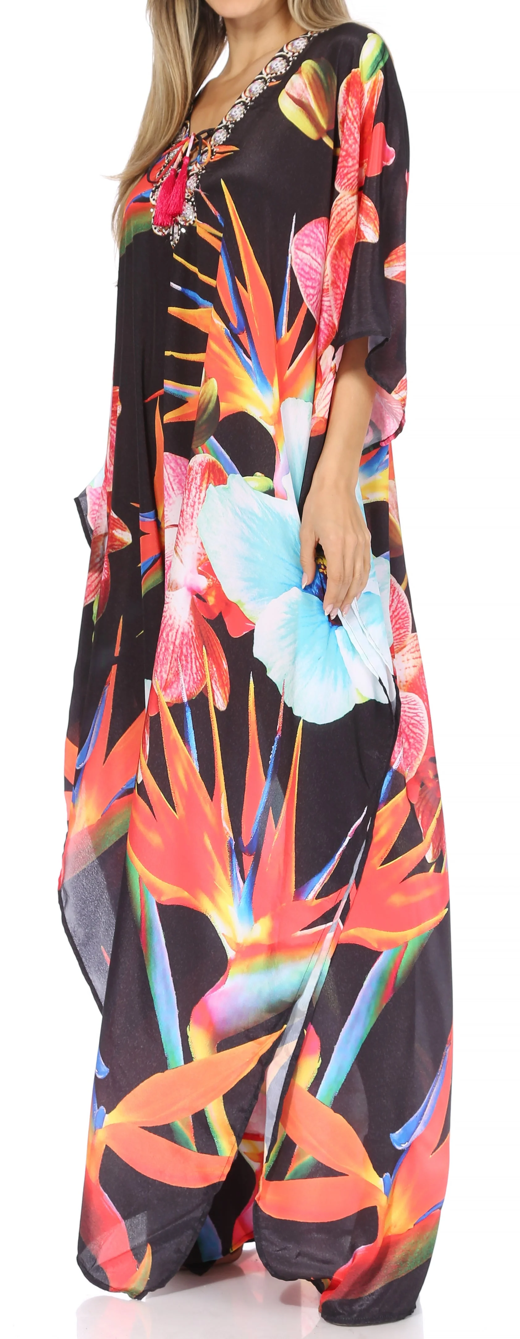 Sakkas Georgettina Flowy Rhinestone V Neck Long Caftan Dress/Cover Up - Image 3