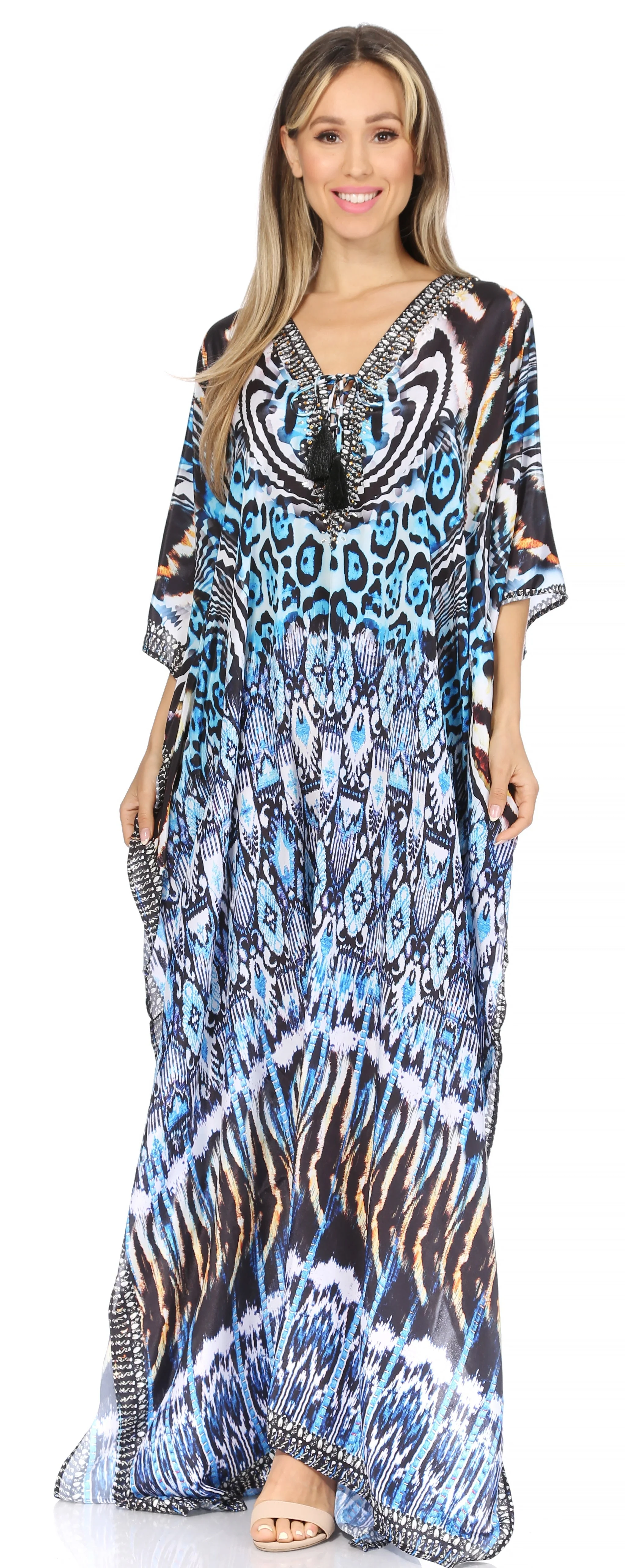 Sakkas Georgettina Flowy Rhinestone V Neck Long Caftan Dress/Cover Up - Image 35