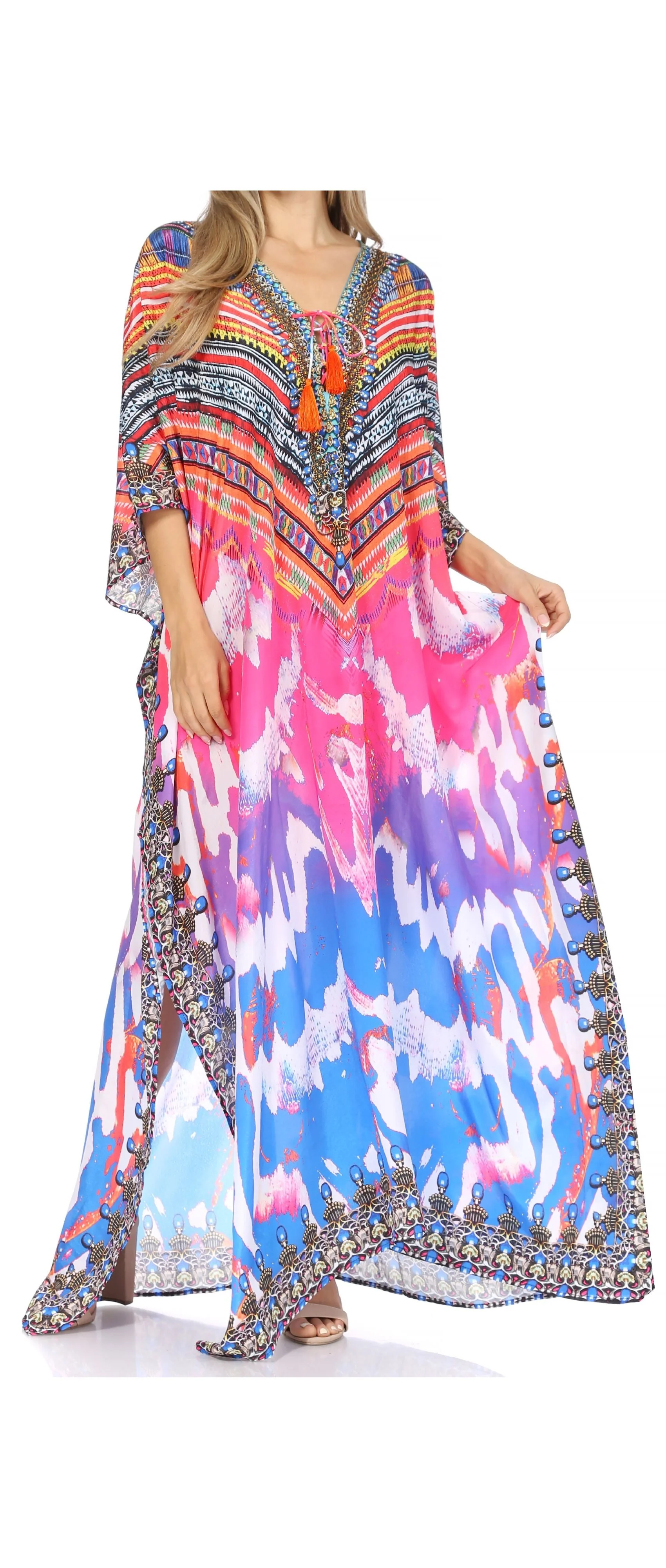 Sakkas Georgettina Flowy Rhinestone V Neck Long Caftan Dress/Cover Up - Image 42
