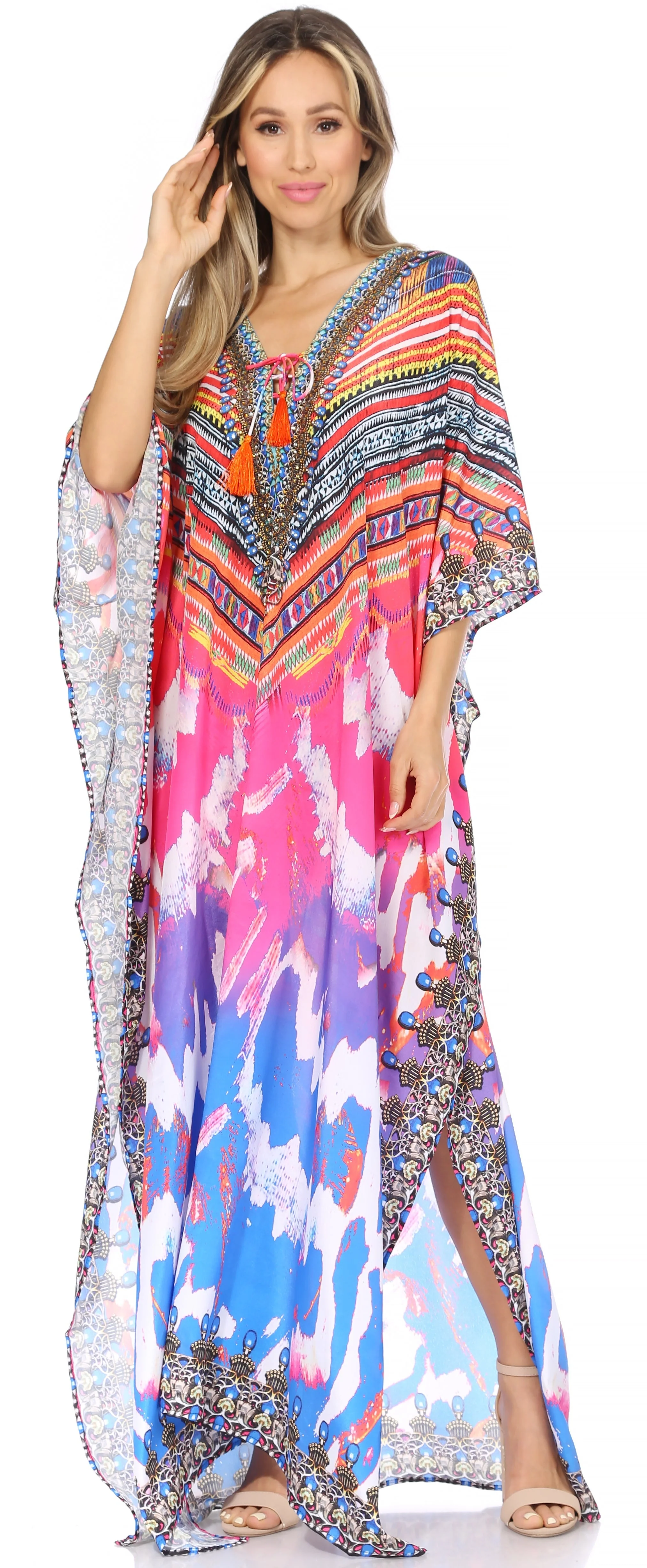Sakkas Georgettina Flowy Rhinestone V Neck Long Caftan Dress/Cover Up - Image 44