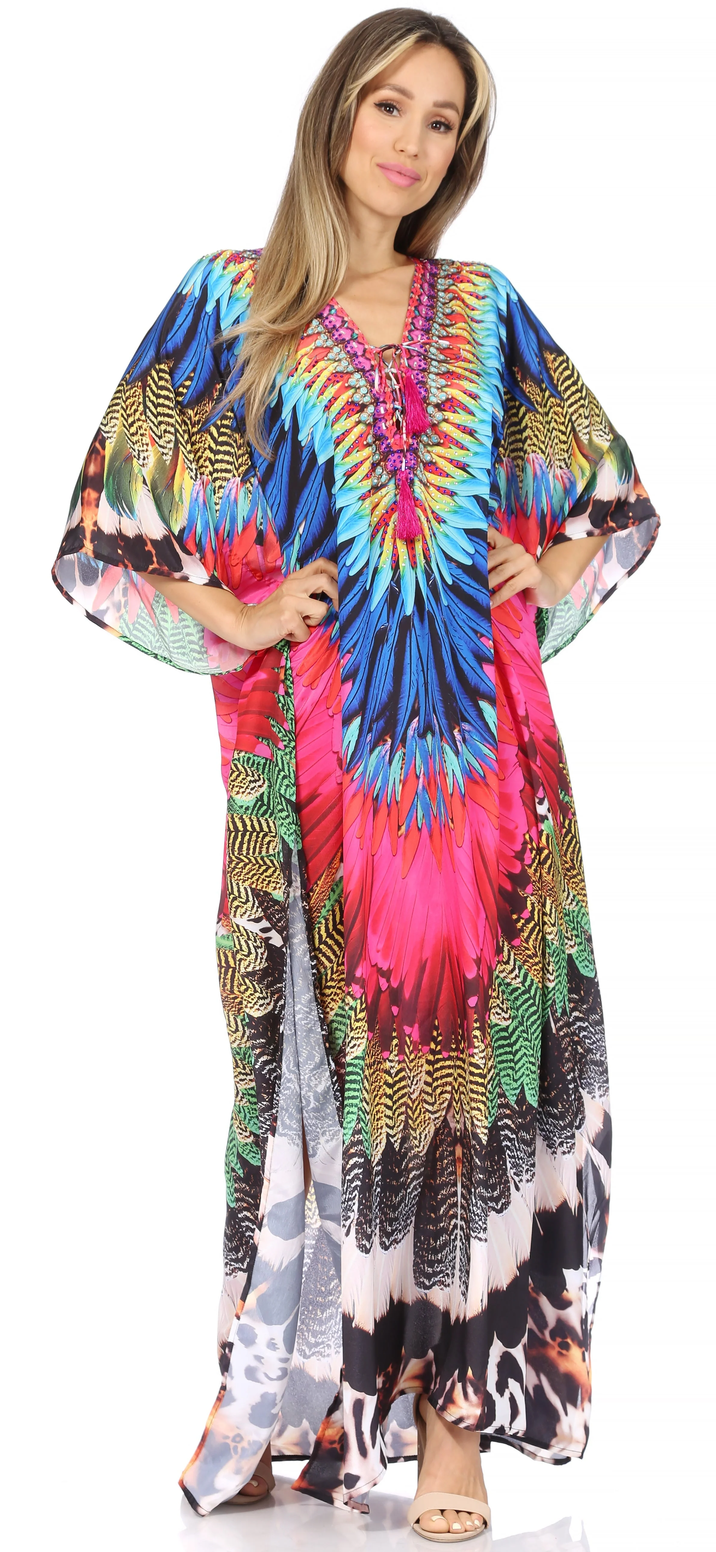 Sakkas Georgettina Flowy Rhinestone V Neck Long Caftan Dress/Cover Up - Image 47