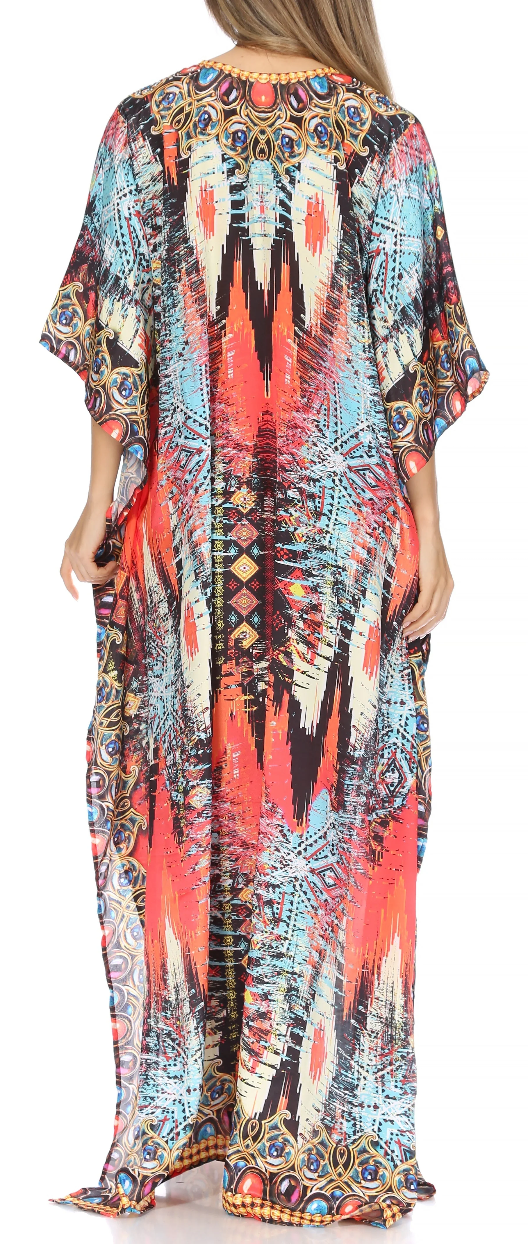 Sakkas Georgettina Flowy Rhinestone V Neck Long Caftan Dress/Cover Up - Image 49