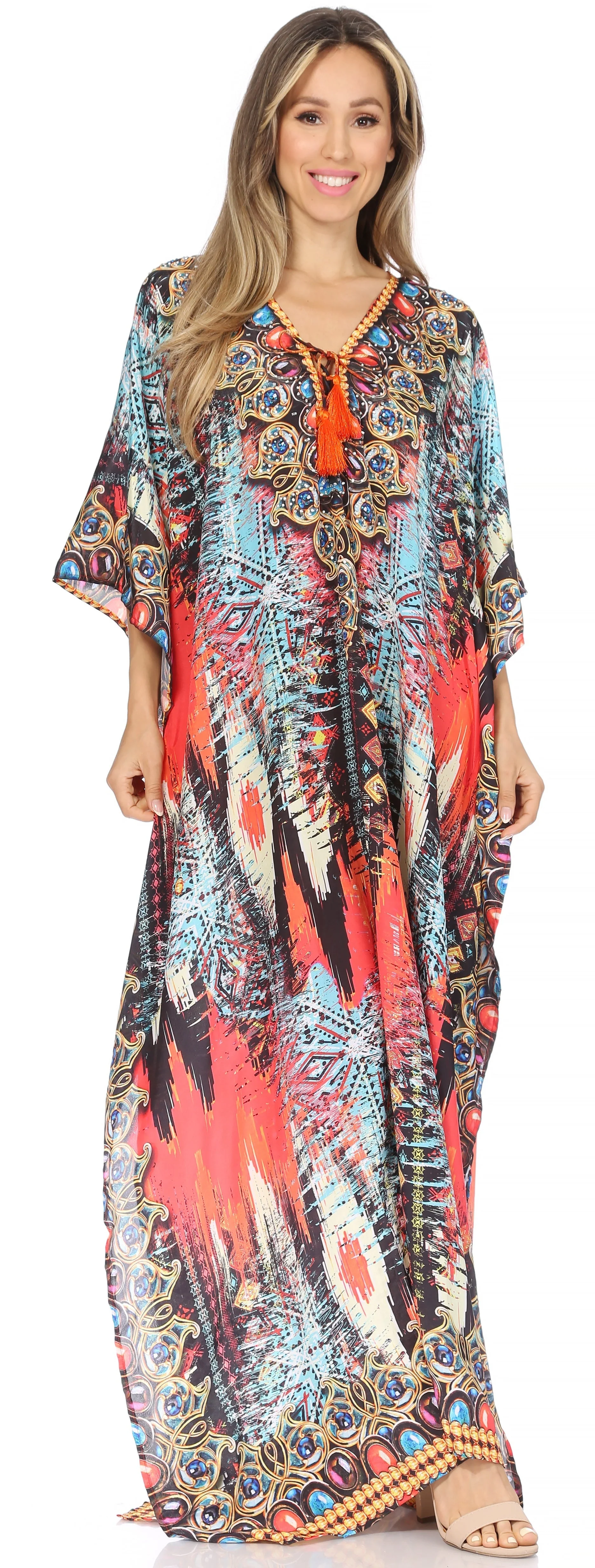 Sakkas Georgettina Flowy Rhinestone V Neck Long Caftan Dress/Cover Up - Image 50