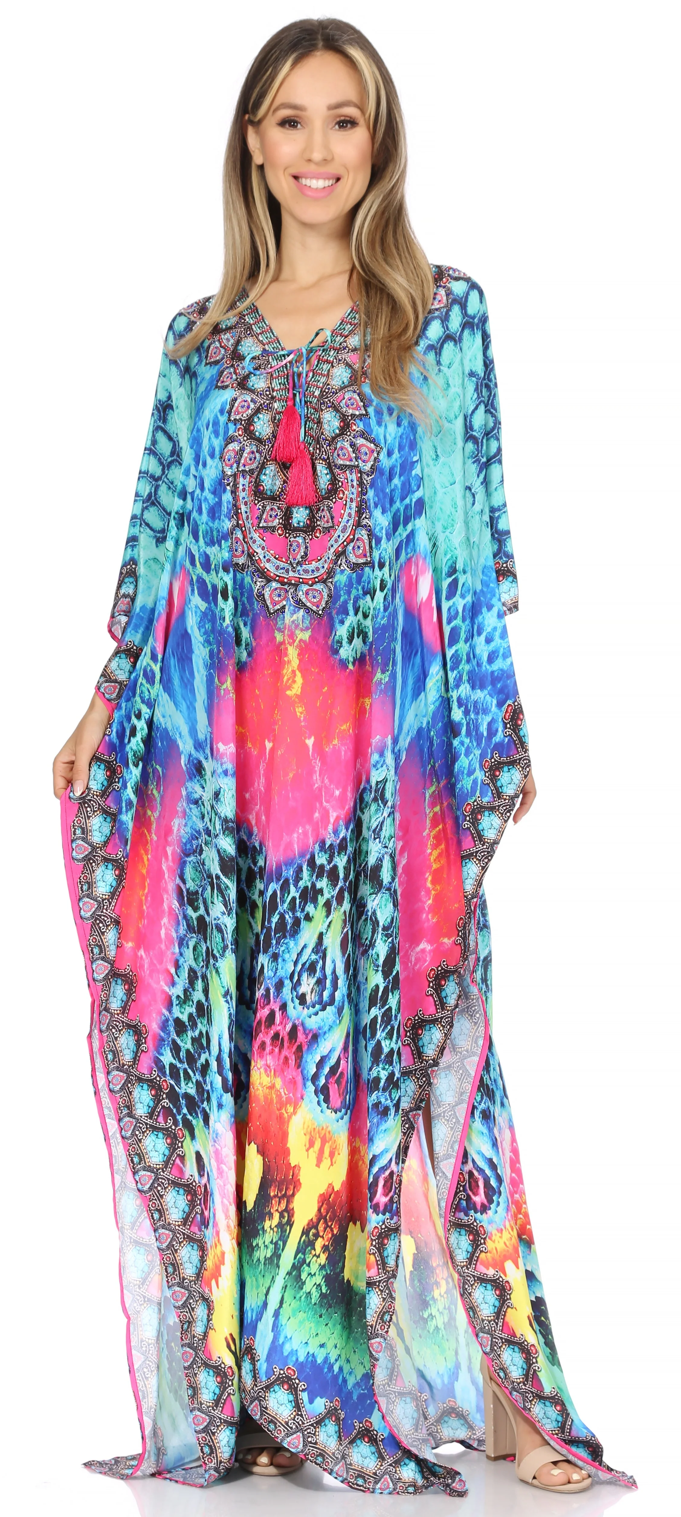 Sakkas Georgettina Flowy Rhinestone V Neck Long Caftan Dress/Cover Up - Image 53