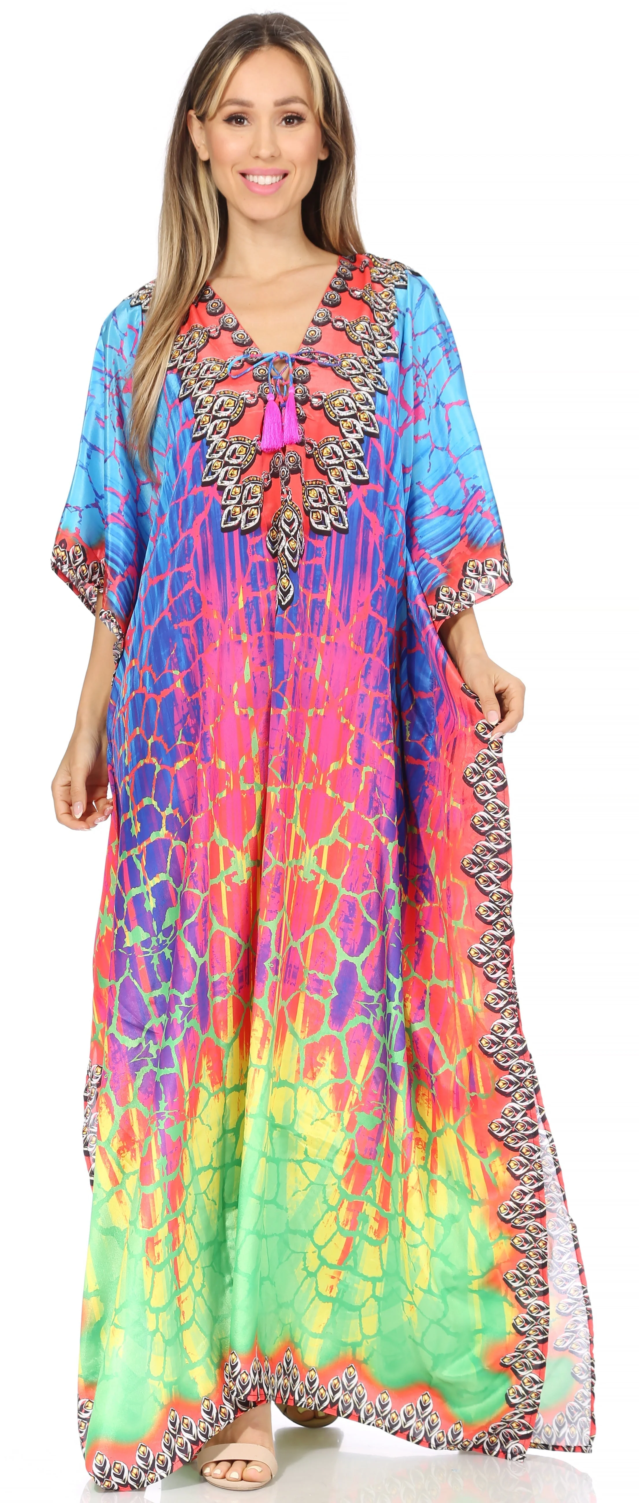 Sakkas Georgettina Flowy Rhinestone V Neck Long Caftan Dress/Cover Up - Image 59