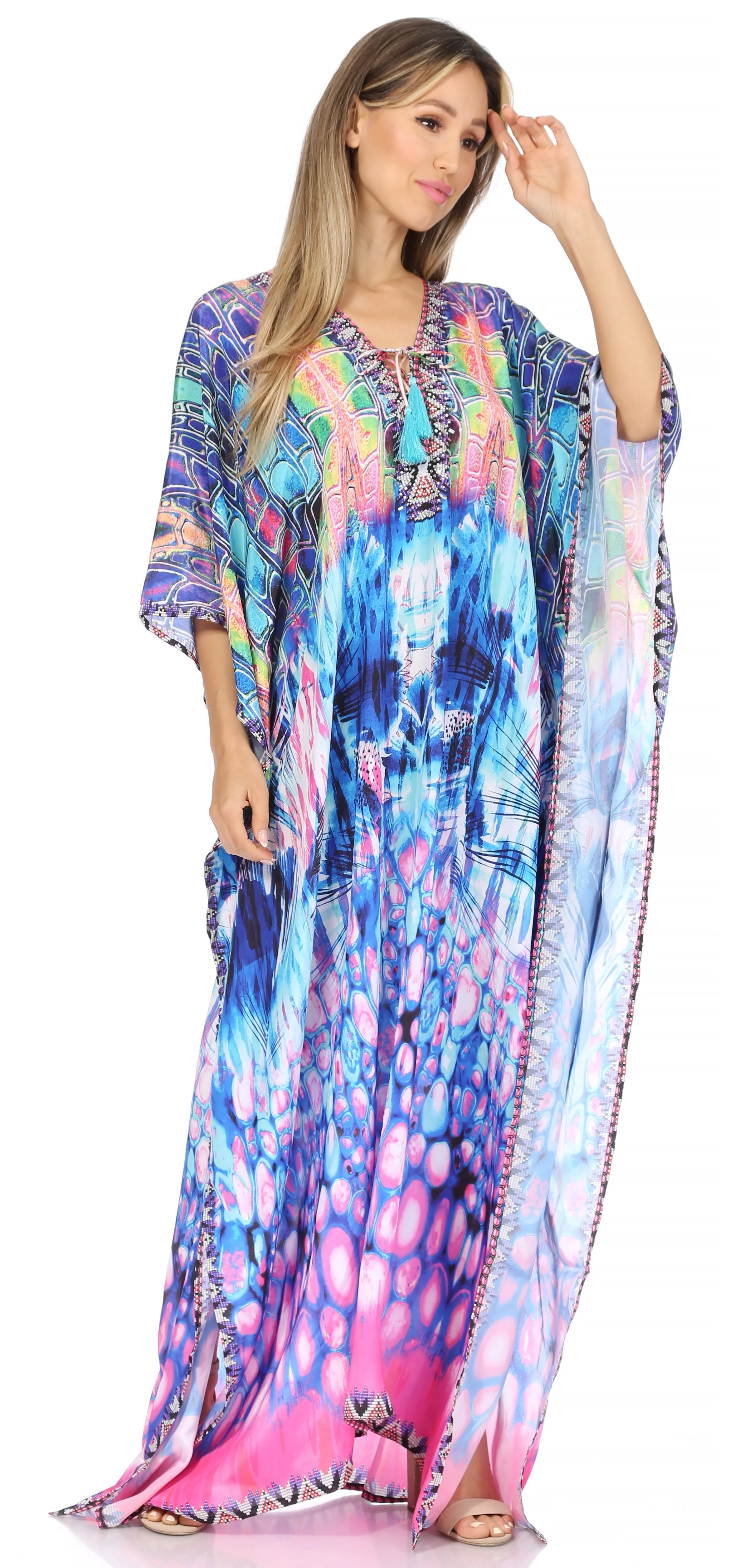 Sakkas Georgettina Flowy Rhinestone V Neck Long Caftan Dress/Cover Up - Image 62