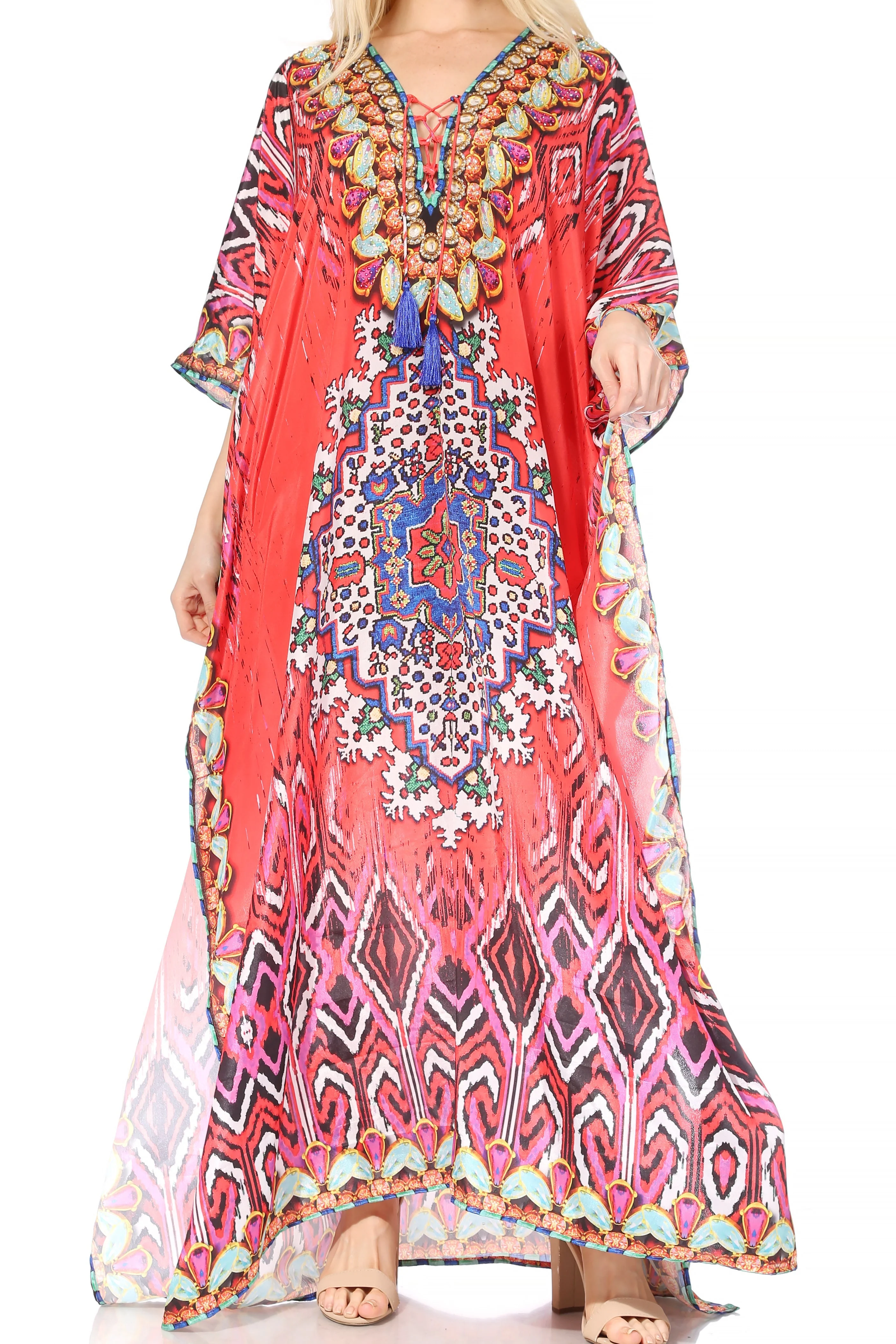 Sakkas Georgettina Flowy Rhinestone V Neck Long Caftan Dress/Cover Up - Image 63