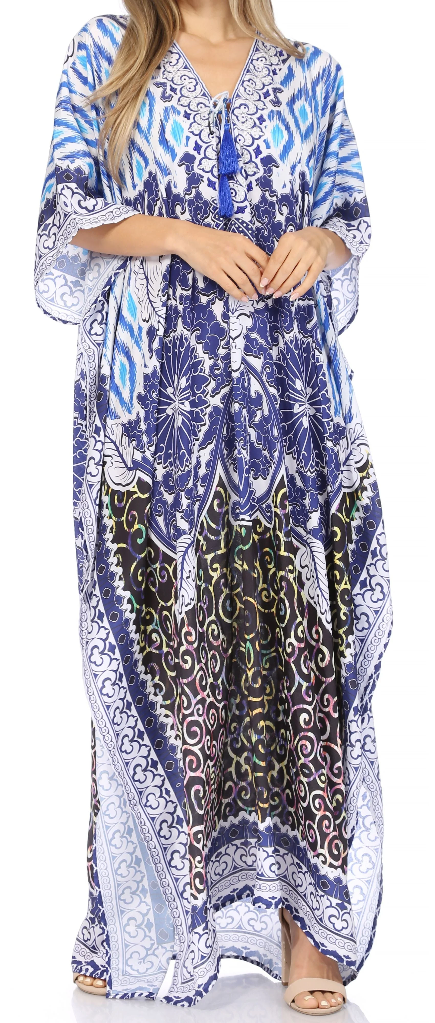 Sakkas Georgettina Flowy Rhinestone V Neck Long Caftan Dress/Cover Up - Image 69