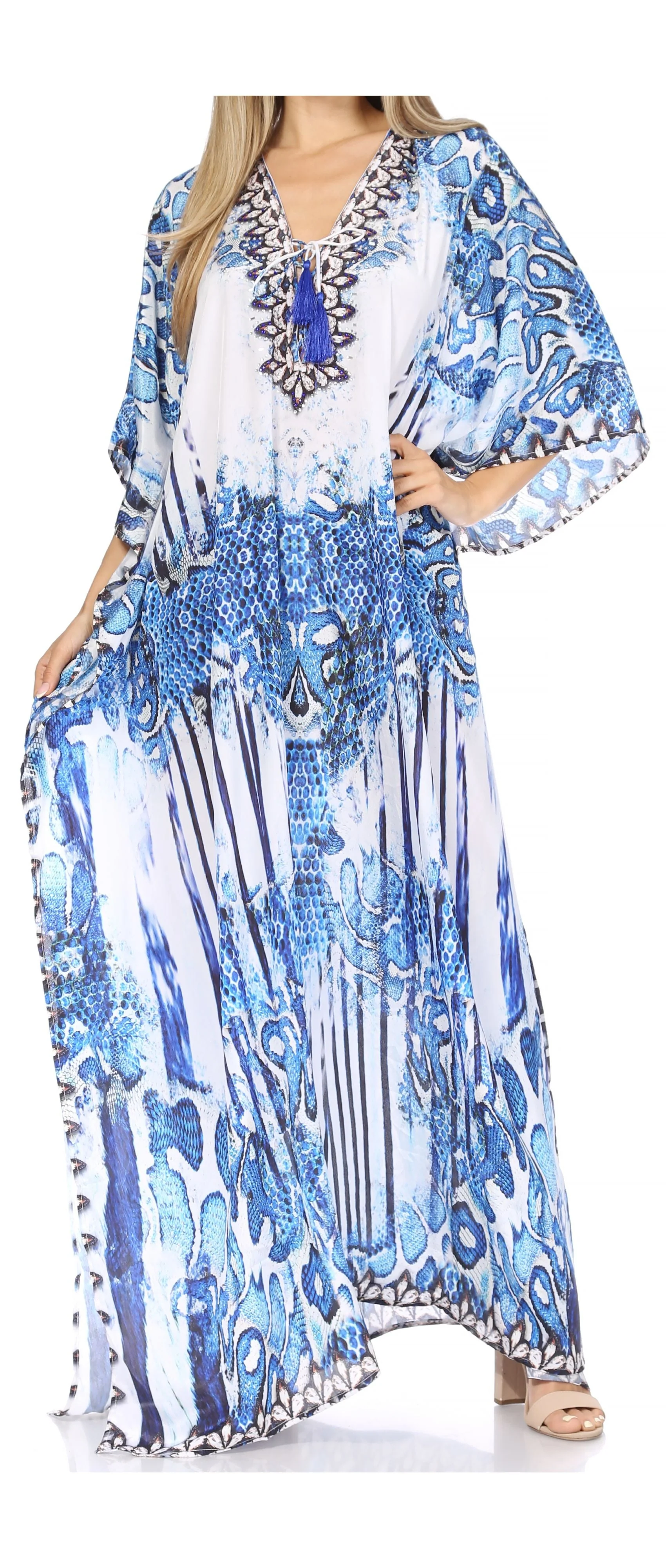 Sakkas Georgettina Flowy Rhinestone V Neck Long Caftan Dress/Cover Up - Image 72
