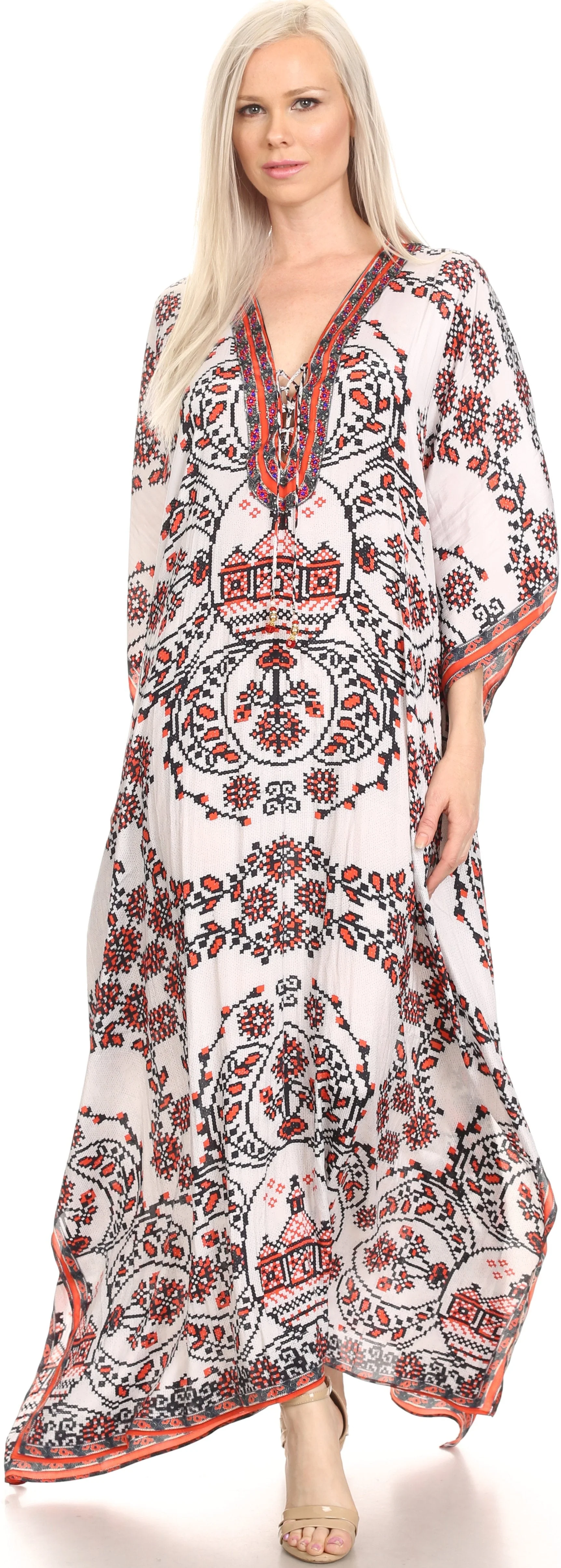 Sakkas Georgettina Flowy Rhinestone V Neck Long Caftan Dress/Cover Up - Image 77