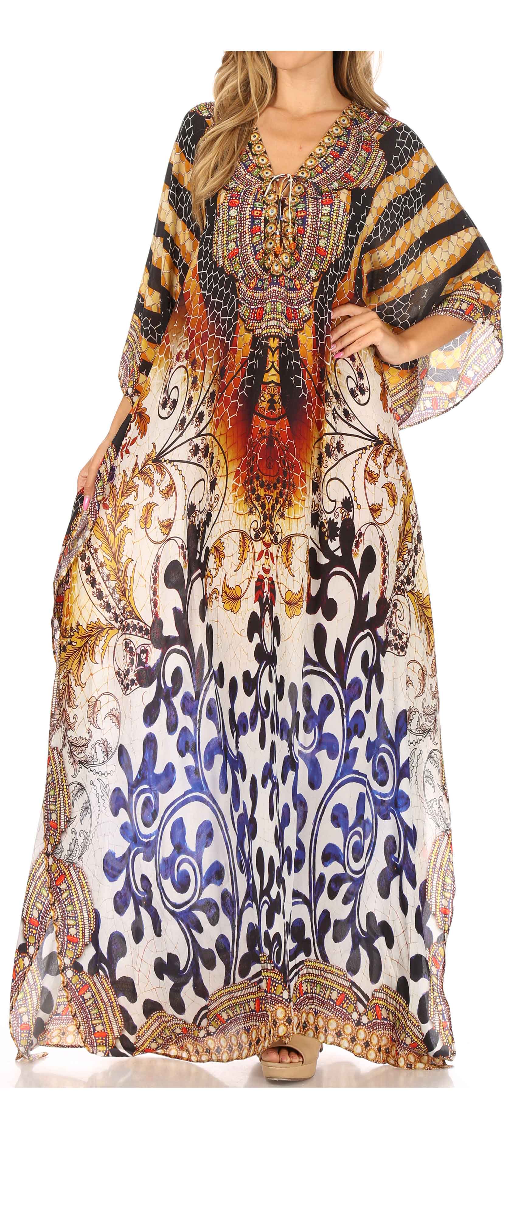 Sakkas Georgettina Flowy Rhinestone V Neck Long Caftan Dress/Cover Up - Image 78