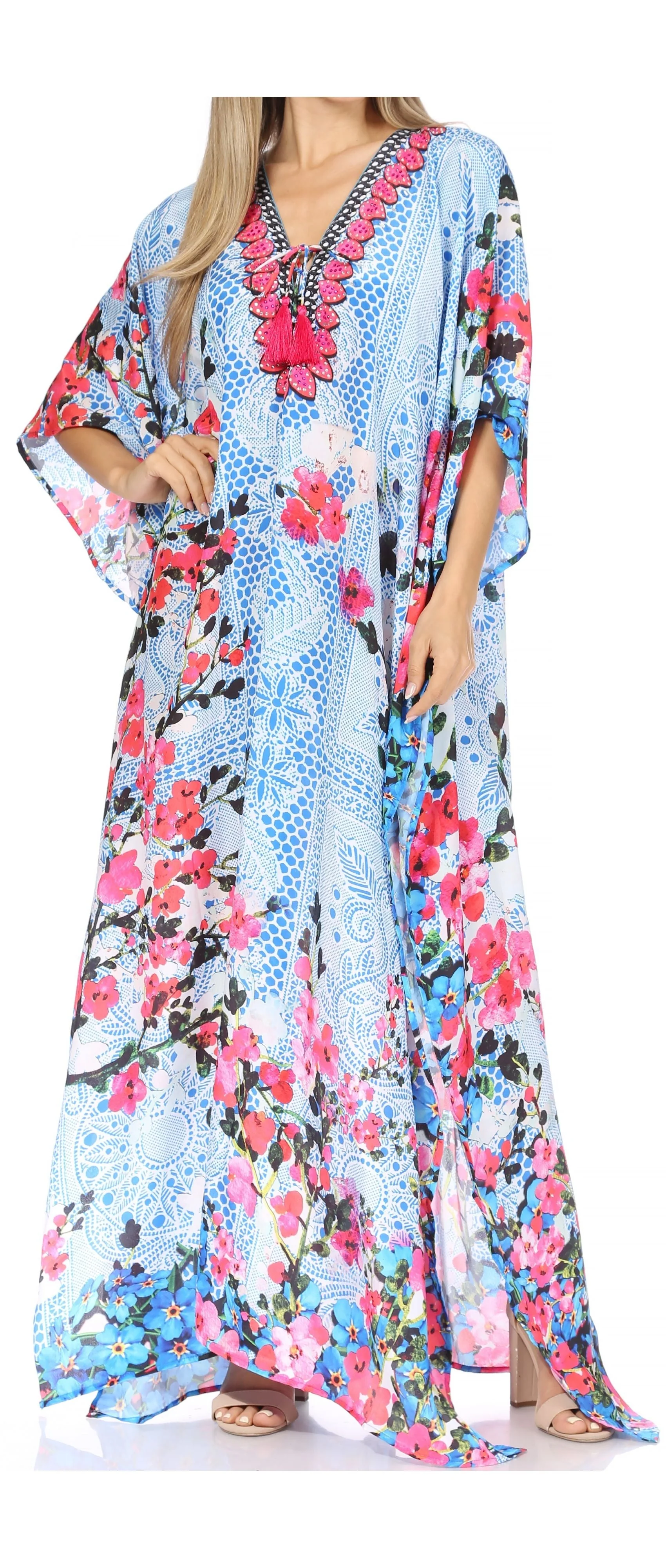 Sakkas Georgettina Flowy Rhinestone V Neck Long Caftan Dress/Cover Up - Image 81