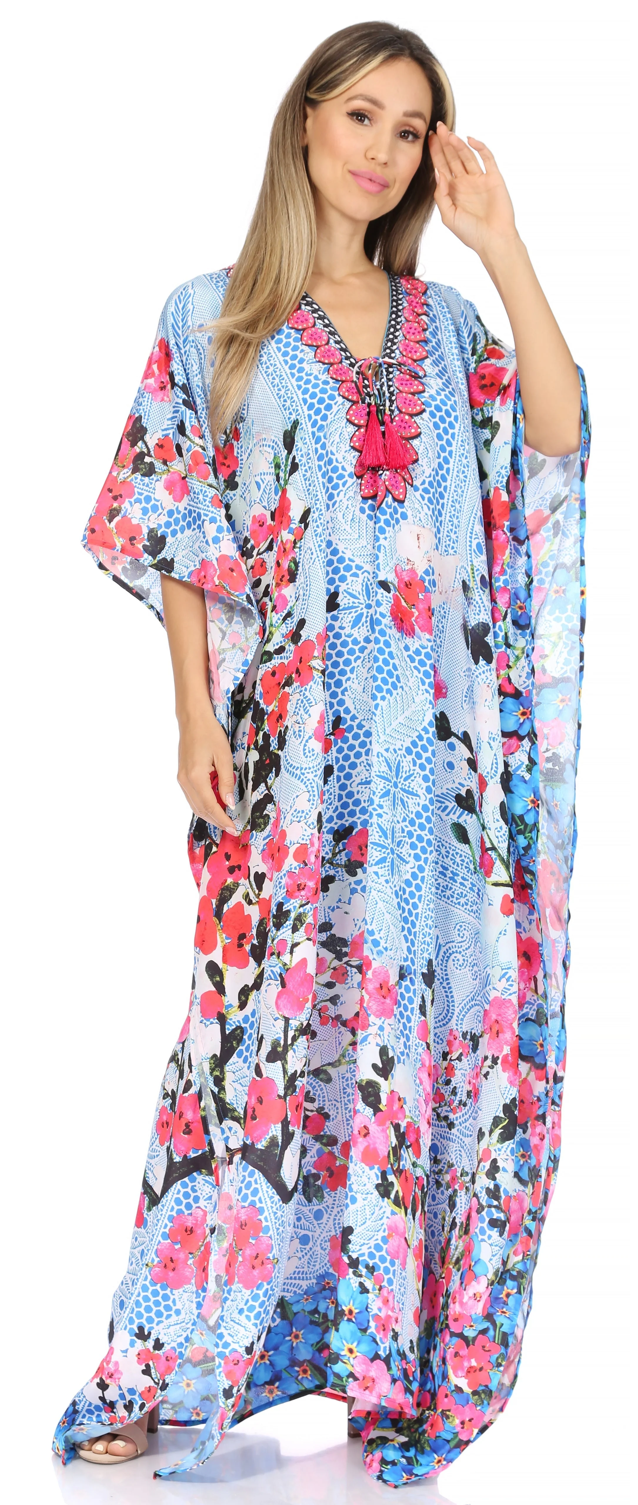 Sakkas Georgettina Flowy Rhinestone V Neck Long Caftan Dress/Cover Up - Image 83