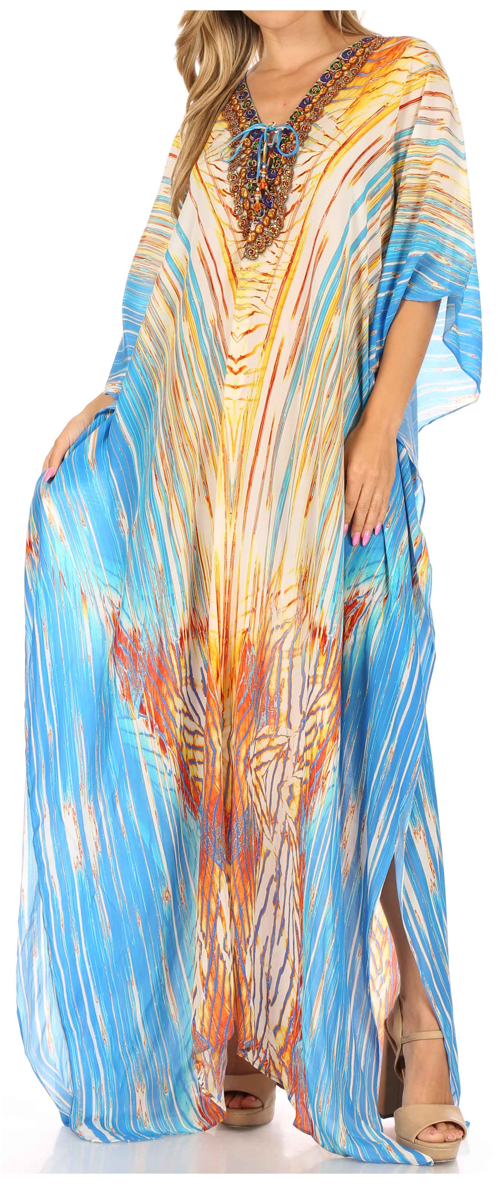 Sakkas Georgettina Flowy Rhinestone V Neck Long Caftan Dress/Cover Up - Image 87