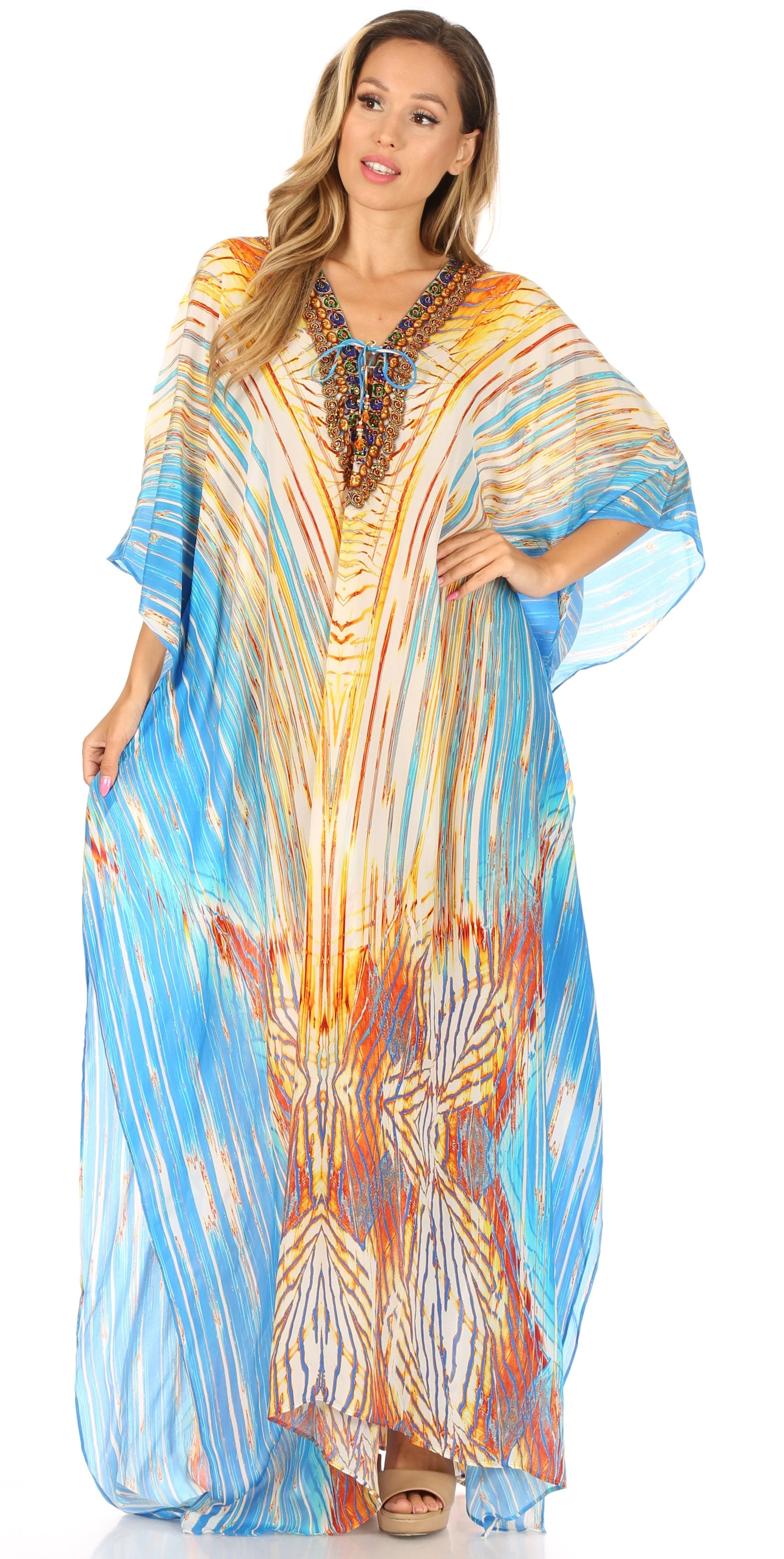 Sakkas Georgettina Flowy Rhinestone V Neck Long Caftan Dress/Cover Up - Image 89