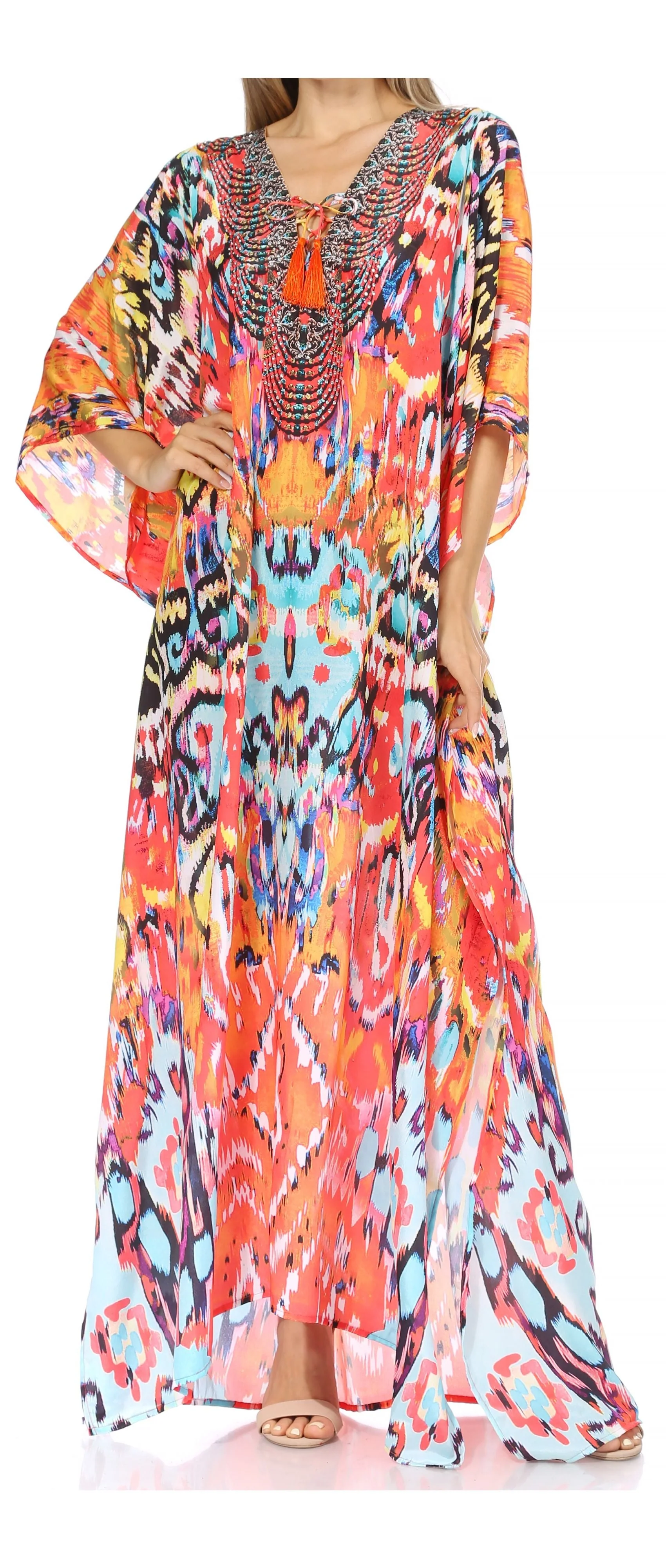 Sakkas Georgettina Flowy Rhinestone V Neck Long Caftan Dress/Cover Up - Image 9