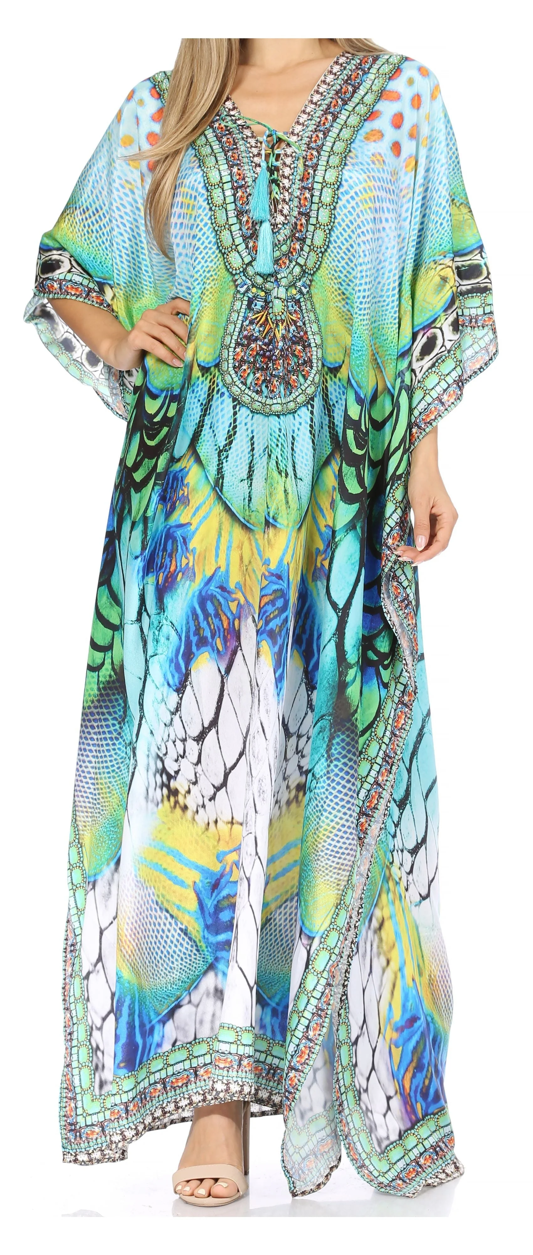 Sakkas Georgettina Flowy Rhinestone V Neck Long Caftan Dress/Cover Up - Image 90