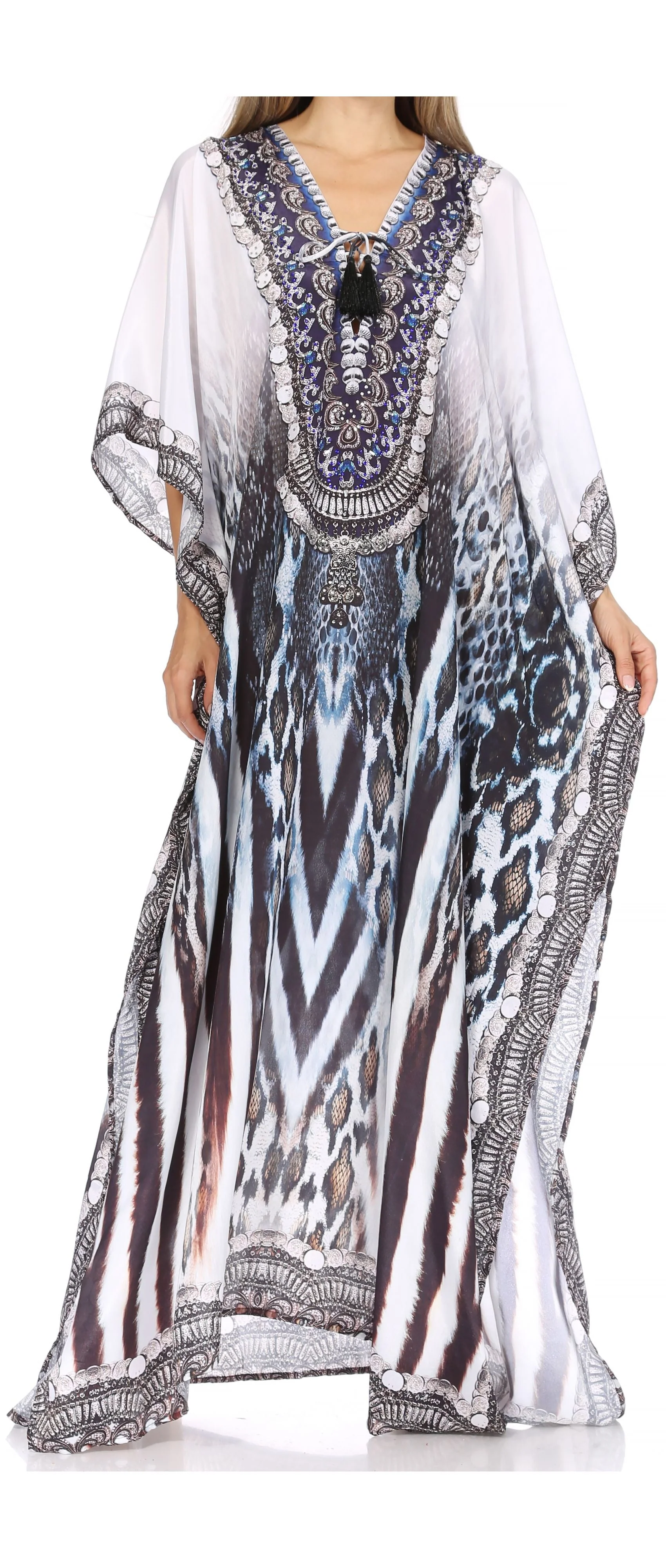 Sakkas Georgettina Flowy Rhinestone V Neck Long Caftan Dress/Cover Up - Image 93