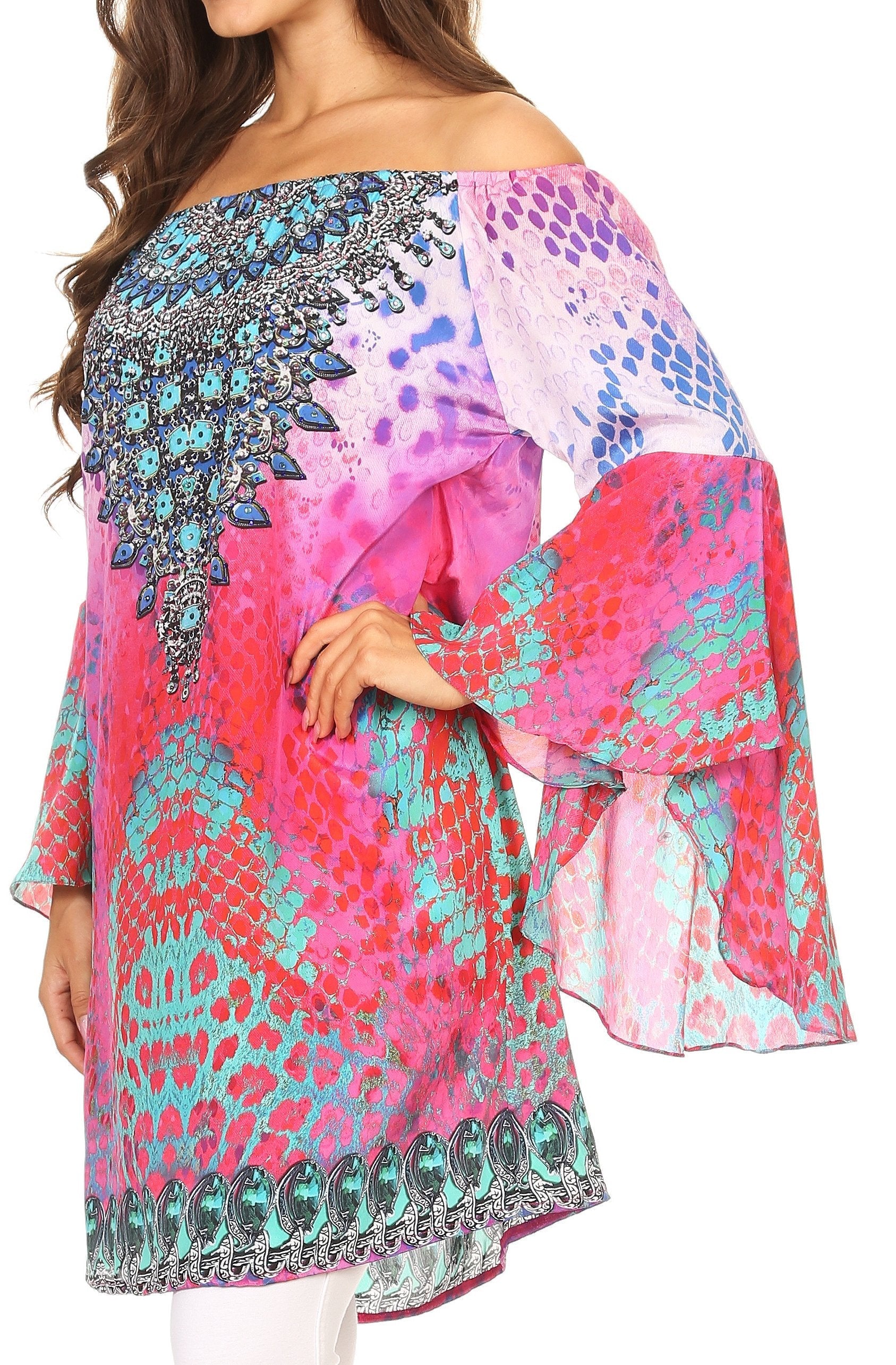 Sakkas Inna Colorful Shift Dress Tunic with Bell Ruffled Sleeves & Rhinestones - Image 13