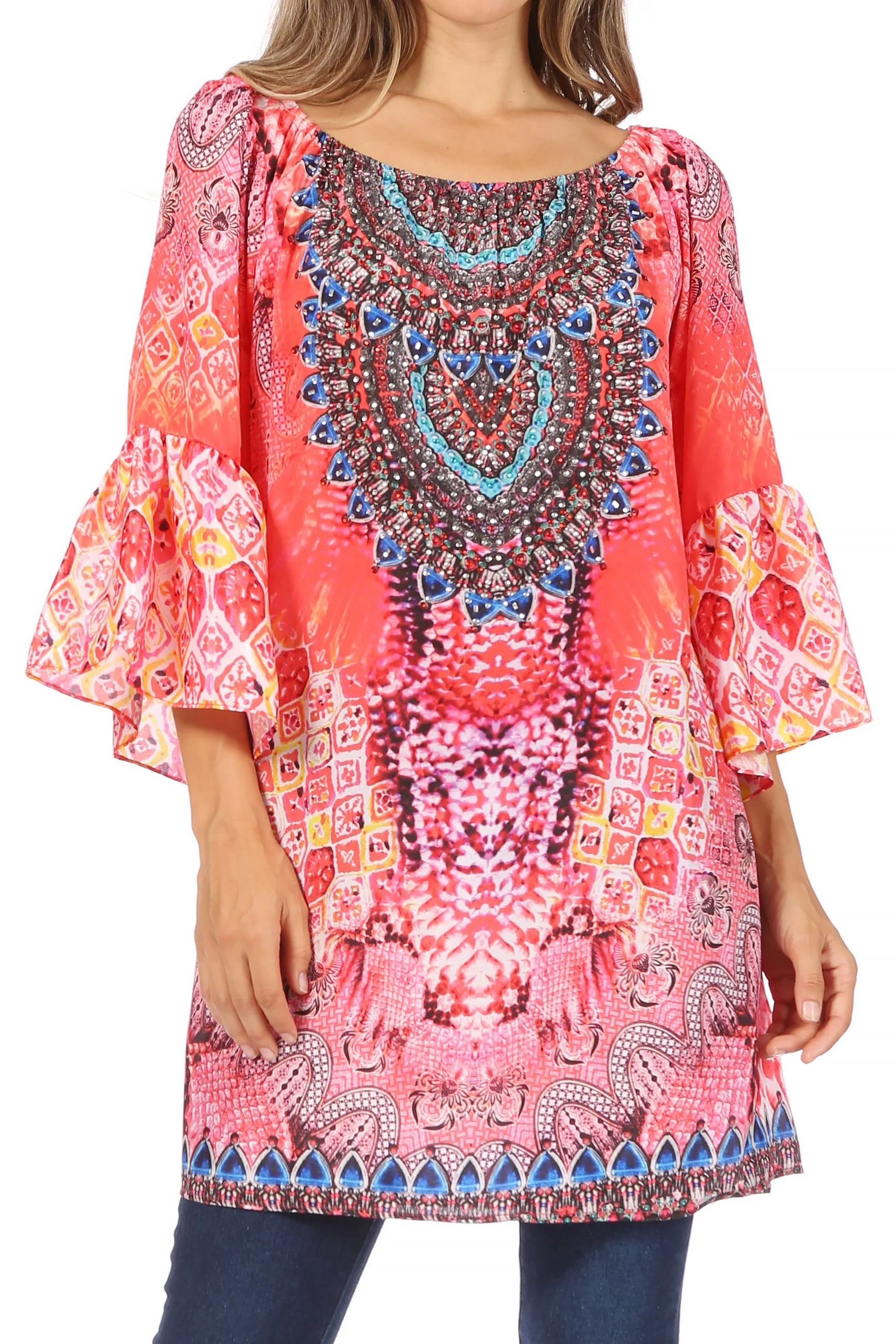 Sakkas Inna Colorful Shift Dress Tunic with Bell Ruffled Sleeves & Rhinestones - Image 16